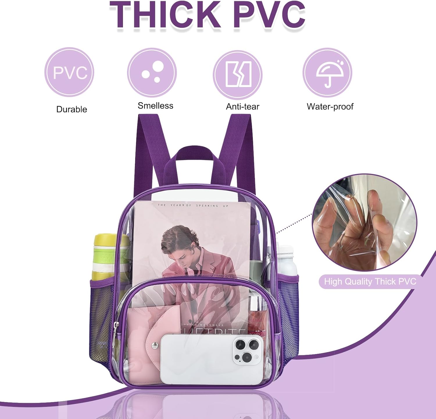 Clear Backpack for Stadium Events Clear Backpack 12x12x6 with Front Pocket for Concert Sport Events Work Travel (Purple) - Image 4