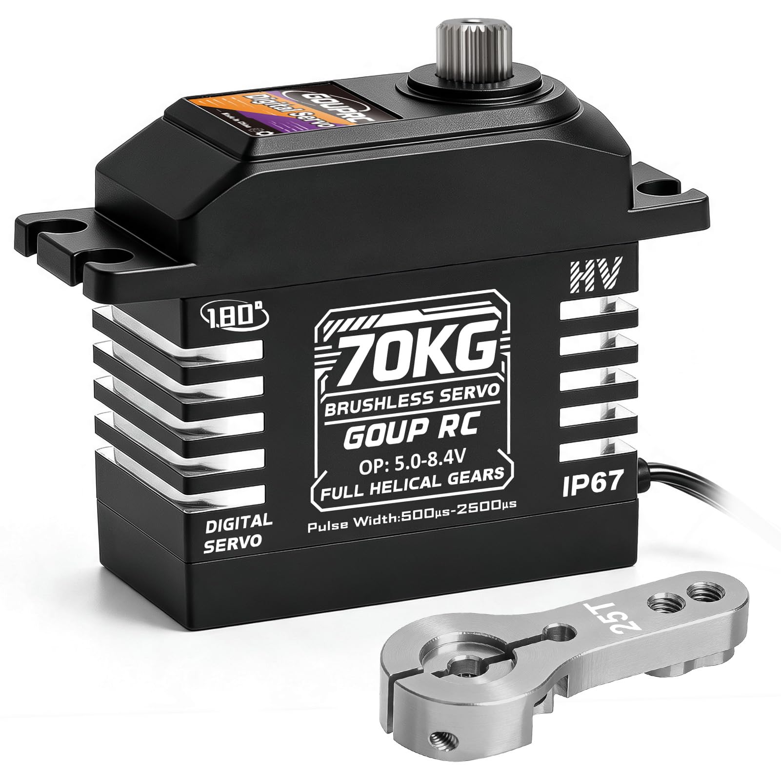 70KG Brushless Digital Servo IP67 Waterproof for 1/8 1/10 1/12 RC Buggy Truck Car, High Torque HV 5.0‑8.4V 180° Full Helical Gear Servo with 25T Metal Servo Horn