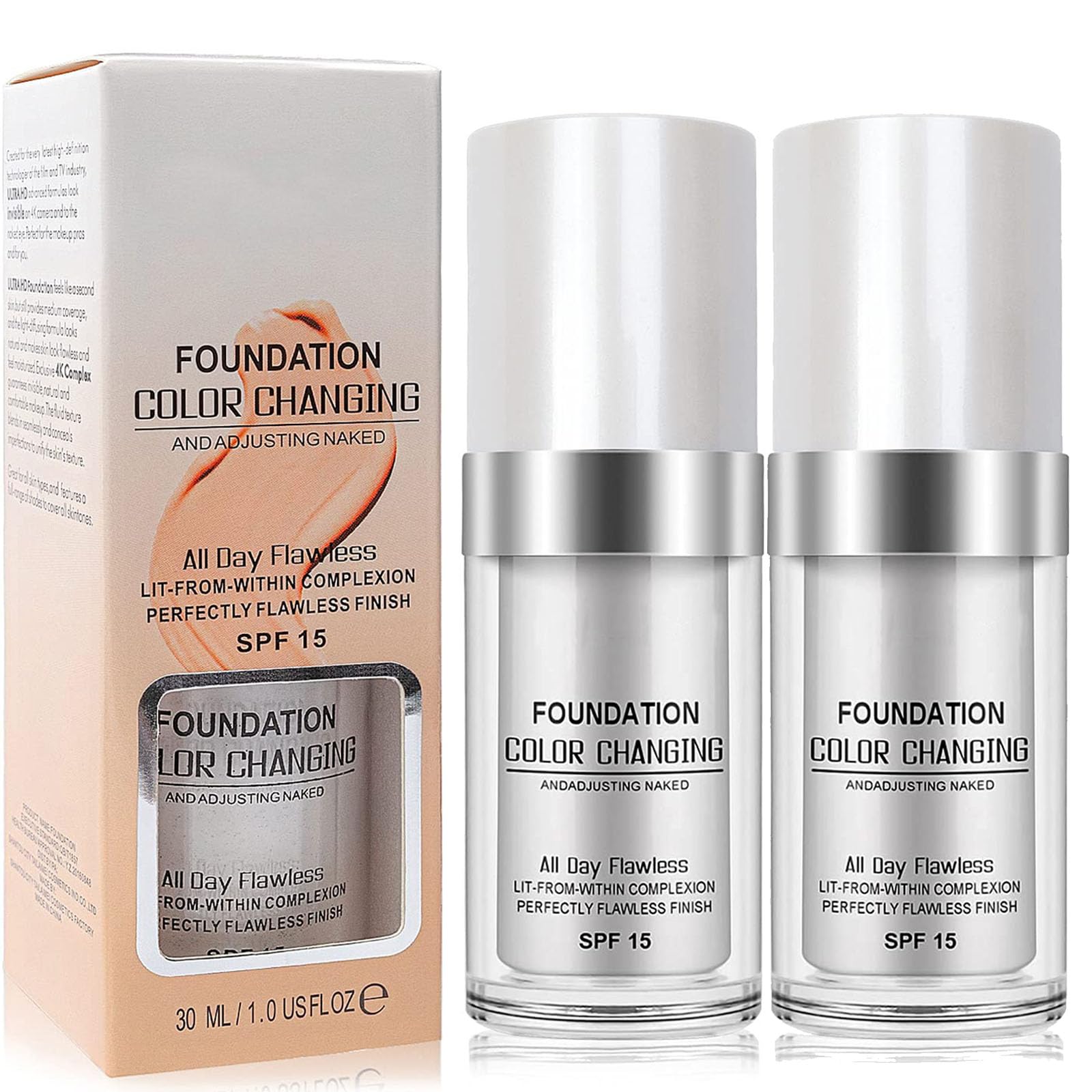 Concealer Cover, (2pack) Flawless Colour Changing Foundation Makeup, Warm Skin Tone Foundation, Base Nude Face Moisturizing Liquid Cover Concealer