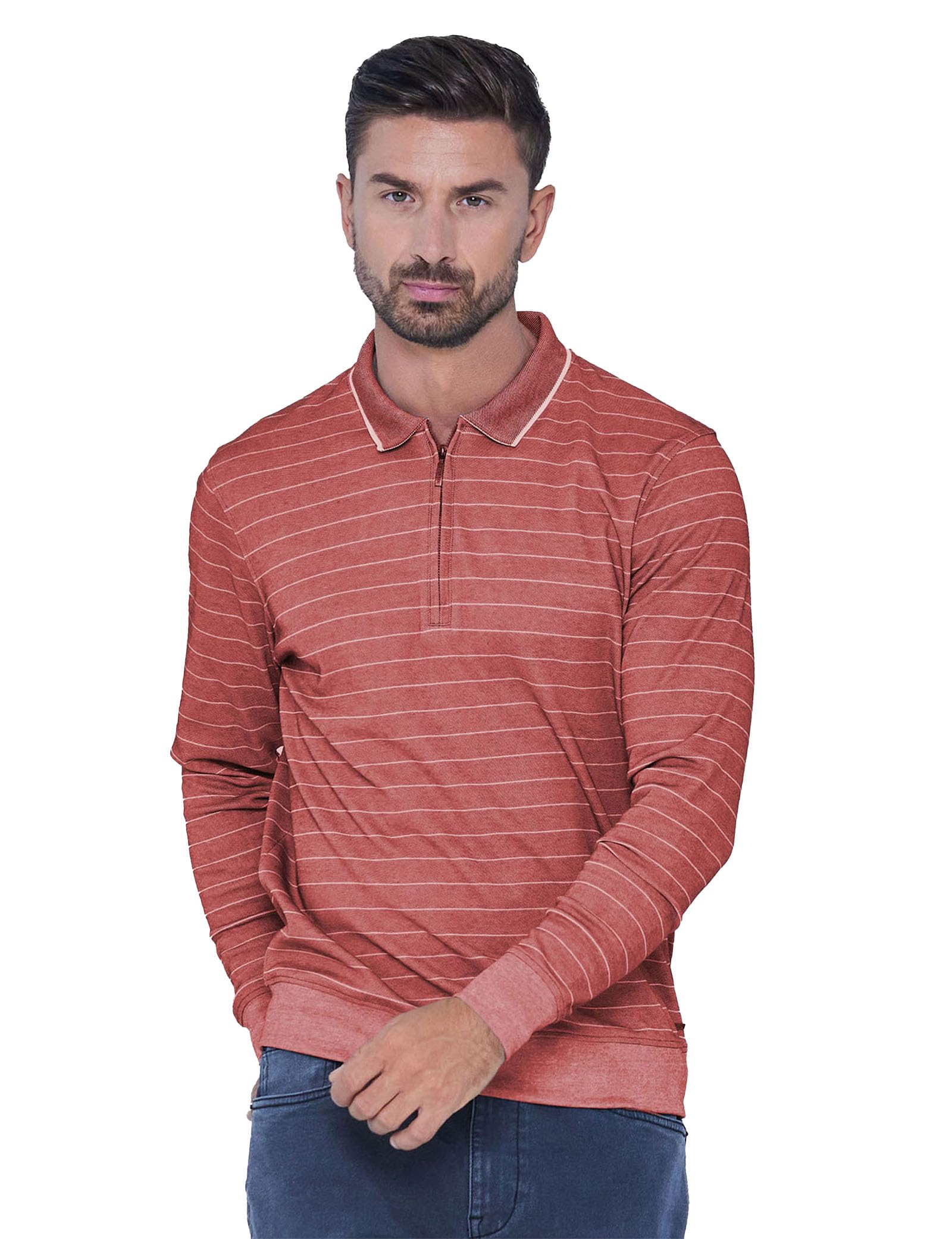 Enorsia Mens Red Half Zip Long Sleeve Polo Shirt - M