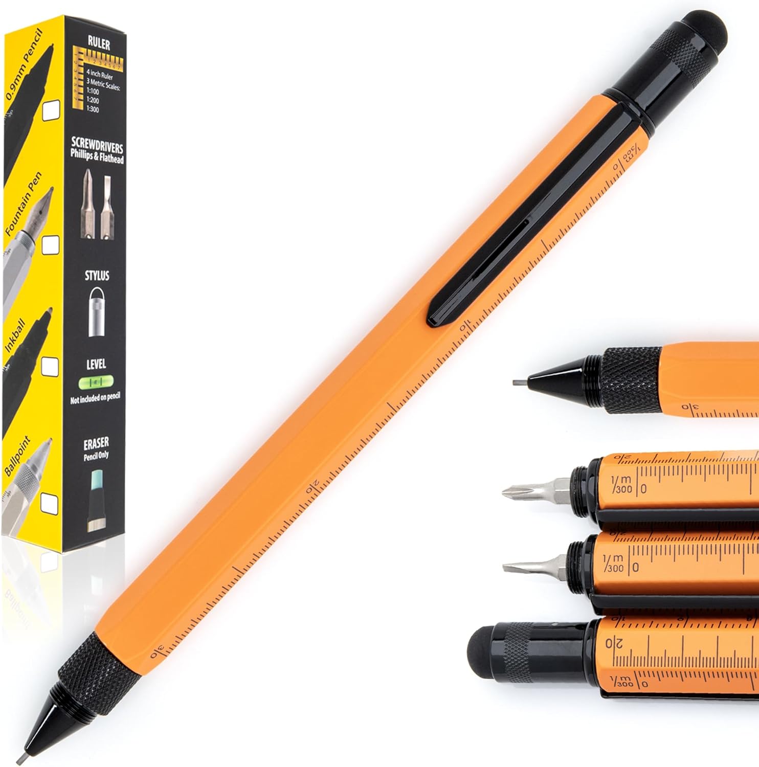 Monteverde USA 9-in-1 Tool Mechanical Pencil in Orange – Multifunctional Pencil with Stylus, Screwdrivers, Ruler, and Eraser – Exclusive Collection Ideal Gift for DIY Enthusiasts