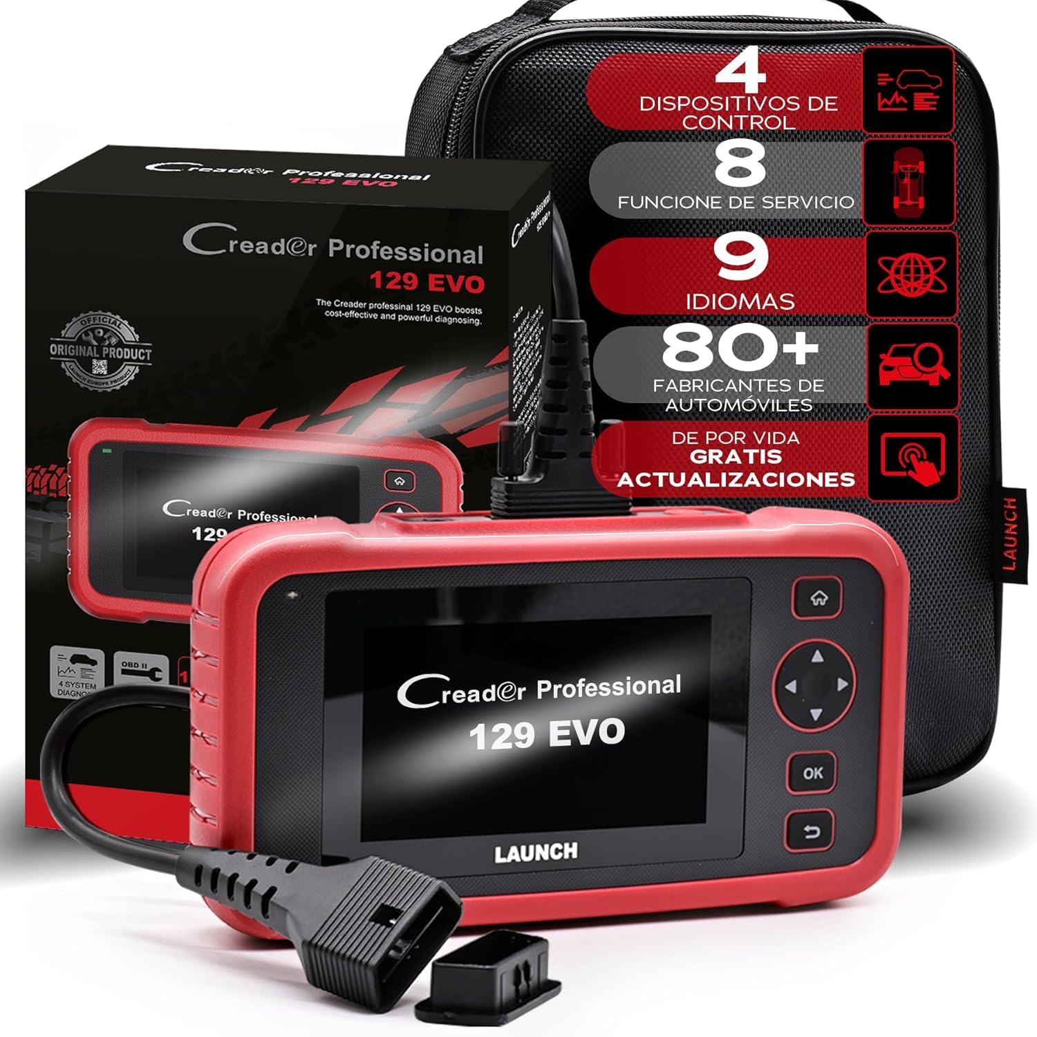 Launch CRP 129 EVO V3 OBD2 Diagnosis Coche Multimarca Profesional, Scanner Automotriz, 4 Sistemas Motor/ABS/SRS/Transmisión, 8 Funciones de Servicio Aceite/EPB/DPF/Batería, Actualizaciones Gratuitas | Datos en vivo, VIN automático, informes, protocolos CA