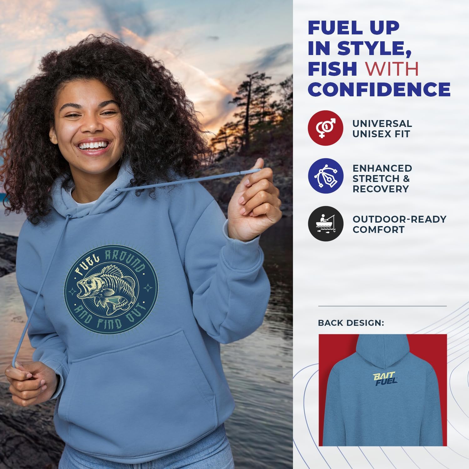 American Baitworks BaitFuel Unisex Fishing Hoodies - Fuel Around Hoodies for Men & Women - Classic Fit Cotton Hoodie w/Adjustable Drawstring - Womens & Mens Hoodies Pullover Apparel (Size L) Blue
