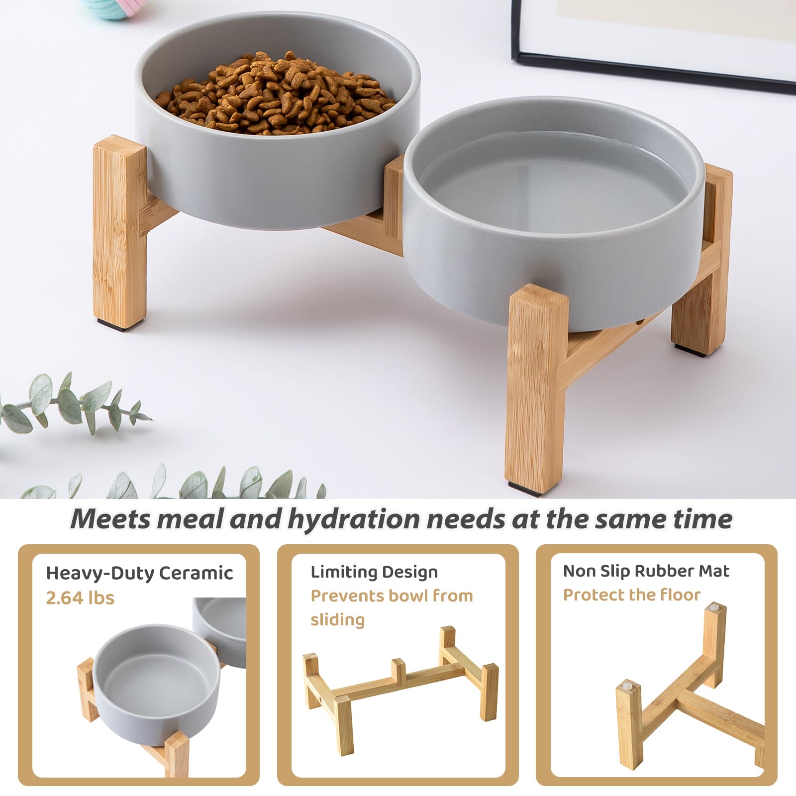 Erhöhtes Keramik-Hundenapf-Set – Erhöhter Hundenapf mit rutschfestem Bambus-Ständer, Futter- und Wassernapf-Set für Kätzchen, Katzen und Spielzeuge, Haustiernäpfe, gewichtete Hundeschüssel