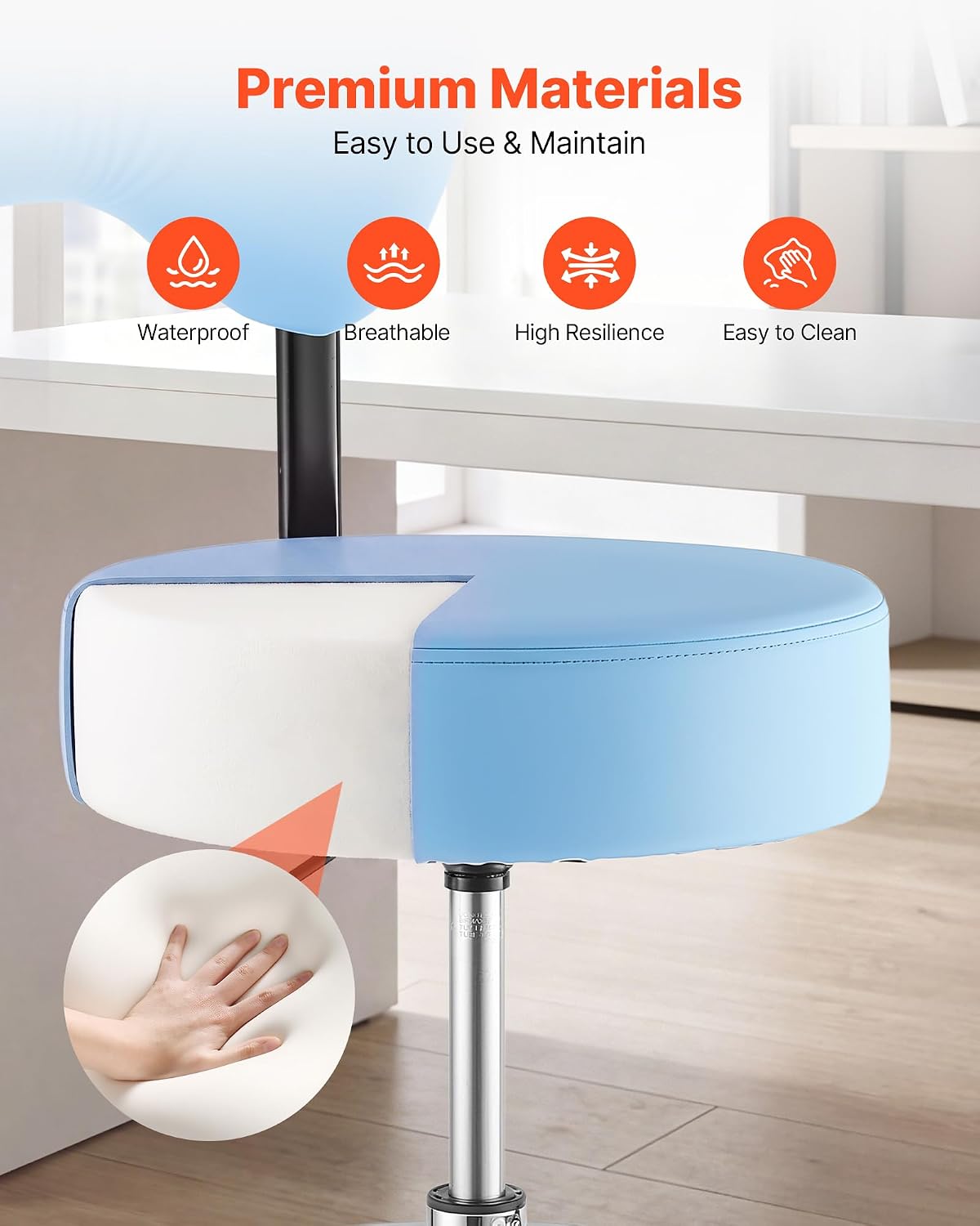 VEVOR Rolling Stool with Back Support, 500 lbs Weight Capacity, Height Adjustable, Thick Cushion Ergonomic PU Leather Seat, 360° Swivel Round Rolling Stool Chair for Dental, Salon, Clinic, Blue