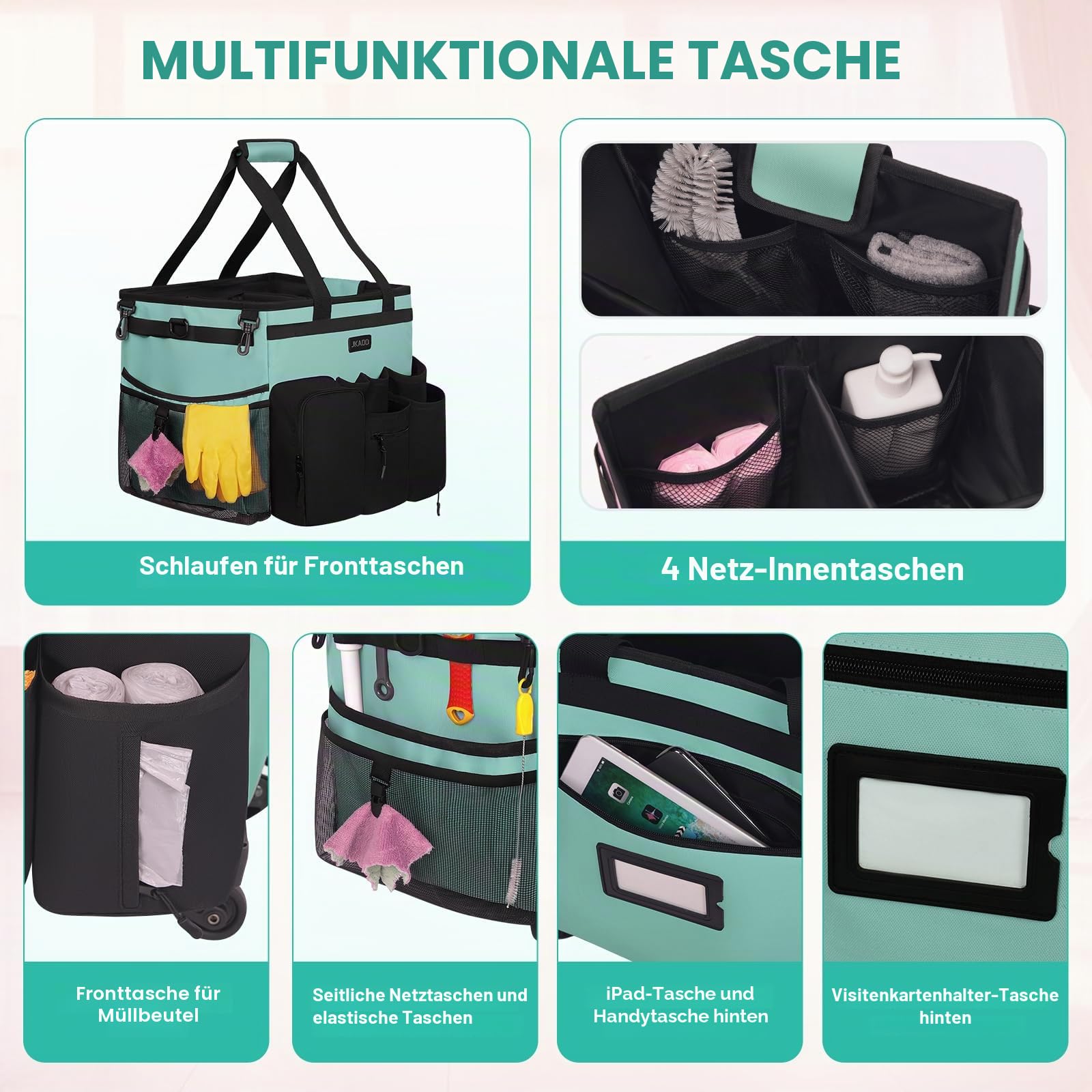 JKAOO Große Reinigungs-Caddy-Tasche mit abnehmbarem Trolley, wasserdichter Reinigungs-Caddy auf Rädern für Haushälterinnen, Reinigungswagen, Organizer für Zuhause, Auto, Büro, Picknick (blau-grün)