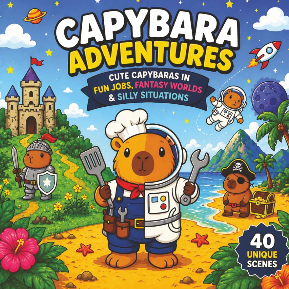 Capybara Coloring Book: Cute Capybaras in Fun Jobs, Fantasy Worlds & Silly Adventures (Capybara Adventures Series)