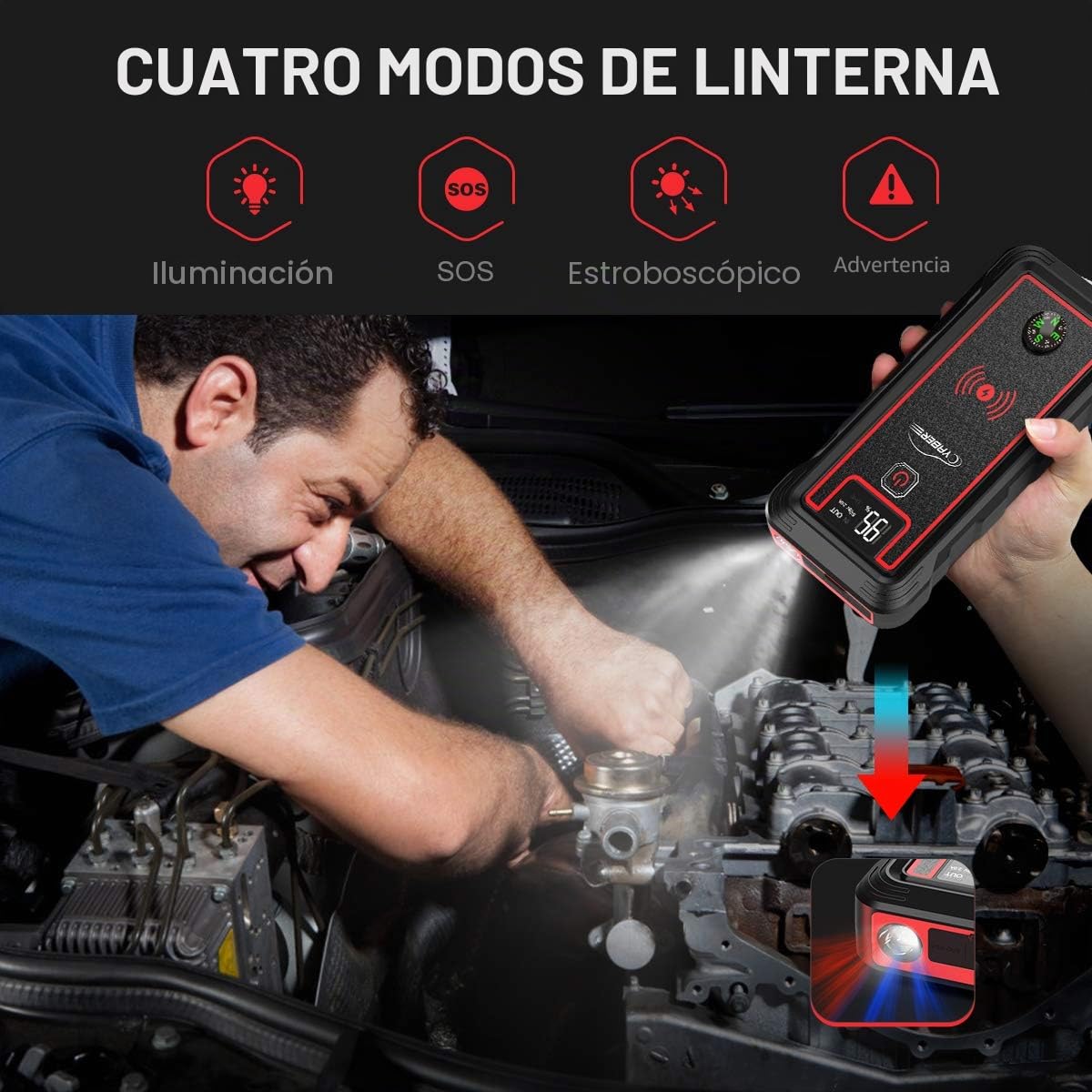 YABER Arrancador de Coche, Pico de 2500A 23800mAh Arrancador de Batería de Coche (Toda Gasolina o 8.0L Diésel) Cargador Inalámbrico Portátil con Linterna LED, Encendedor de Cigarrillos EC5,