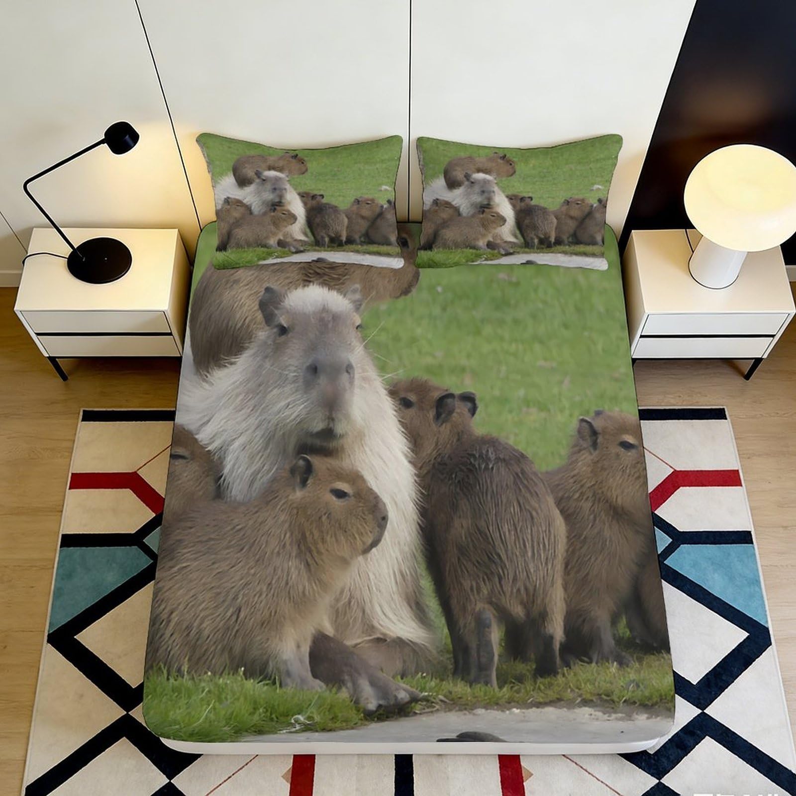 3D Printed Capybara Family Fitted Sheet Microfiber Soft Animal Meadow Bed Cover for Bedroom Dorm Mattress Decor 90x200x25cm