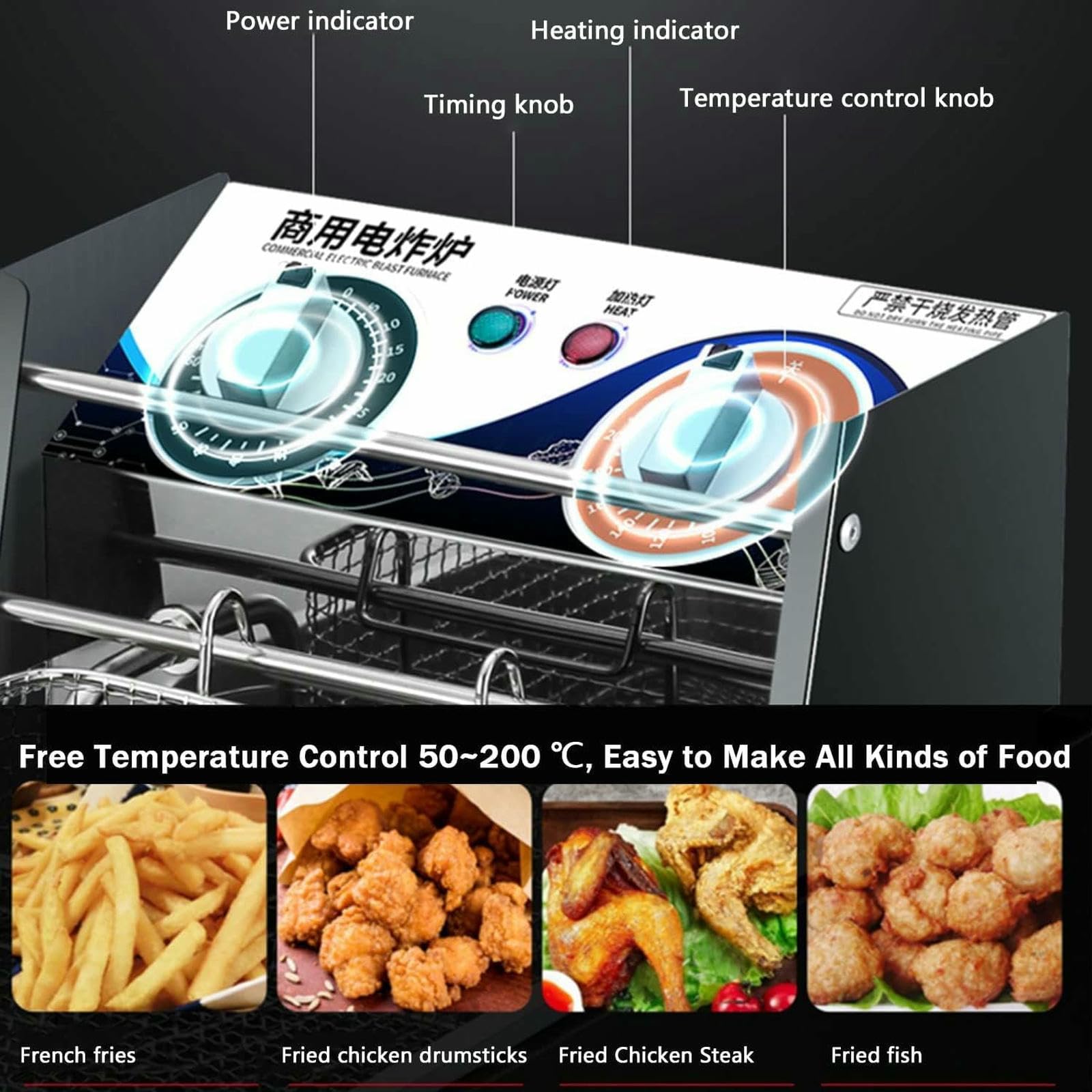 Freidora Industrial con Cesta, Control de Temperatura Ajustable de 50 a 200 °C, asa de Seguridad y sartén Antiadherente para Patatas Fritas.