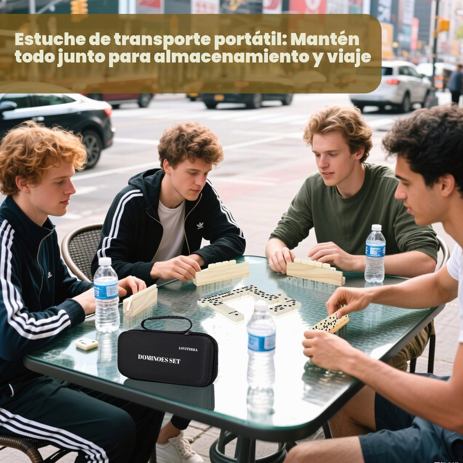Juego de Dominó Doble 6 para Adultos, Dominós Duraderos de 28 Piezas con 4 Estanterías de Madera y Estuche de Transporte, Juegos de Mesa Clásicos, Juego de Viaje Portátil