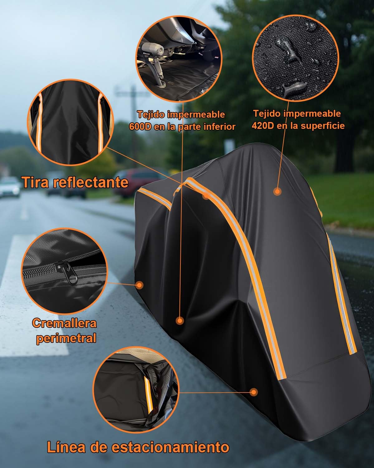 Funda Moto Impermeable Totalmente Cerrada, 220 x 115 x 135 cm | Protección Integral de 360°, Prueba de viento y Polvo, Protección UV, Material Oxford 420D para Scooter Ciclomotor Motocross