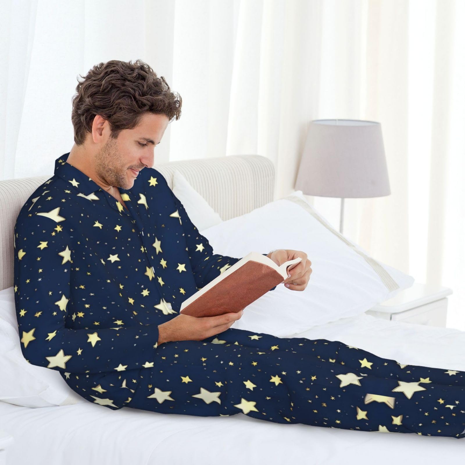 Set pigiama da uomo blu navy cielo e stella, pigiama morbido per uomo manica lunga indumenti da notte per relax interno
