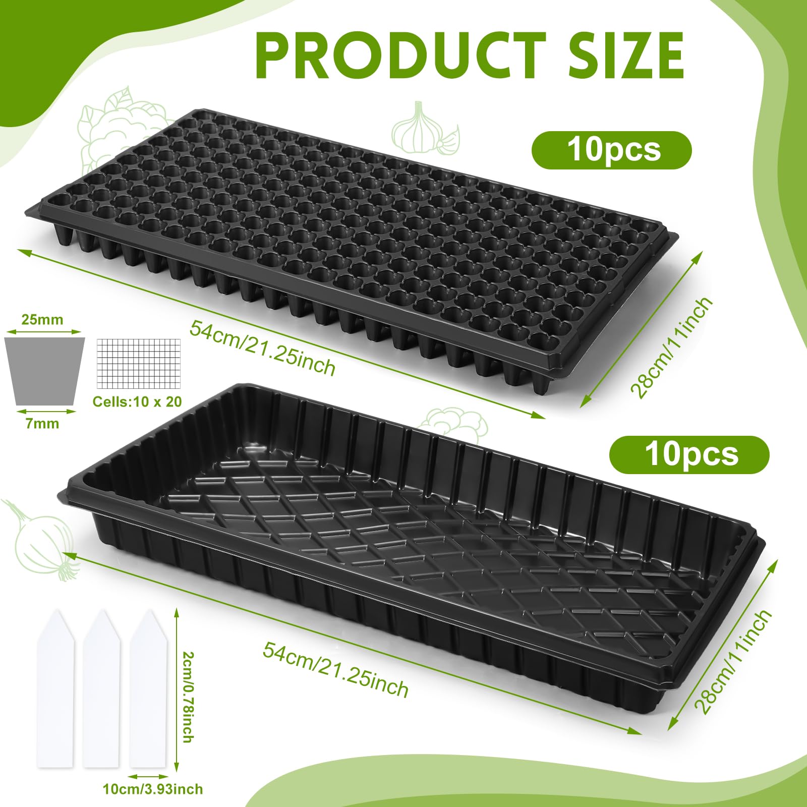 Hushee Paquete de 10 bandejas de cultivo de semillas de microgreens, 1020 bandejas sin agujeros, 10 bandejas de enchufe de 200 celdas y 100 etiquetas, bandejas de cultivo de plantas, bandejas de
