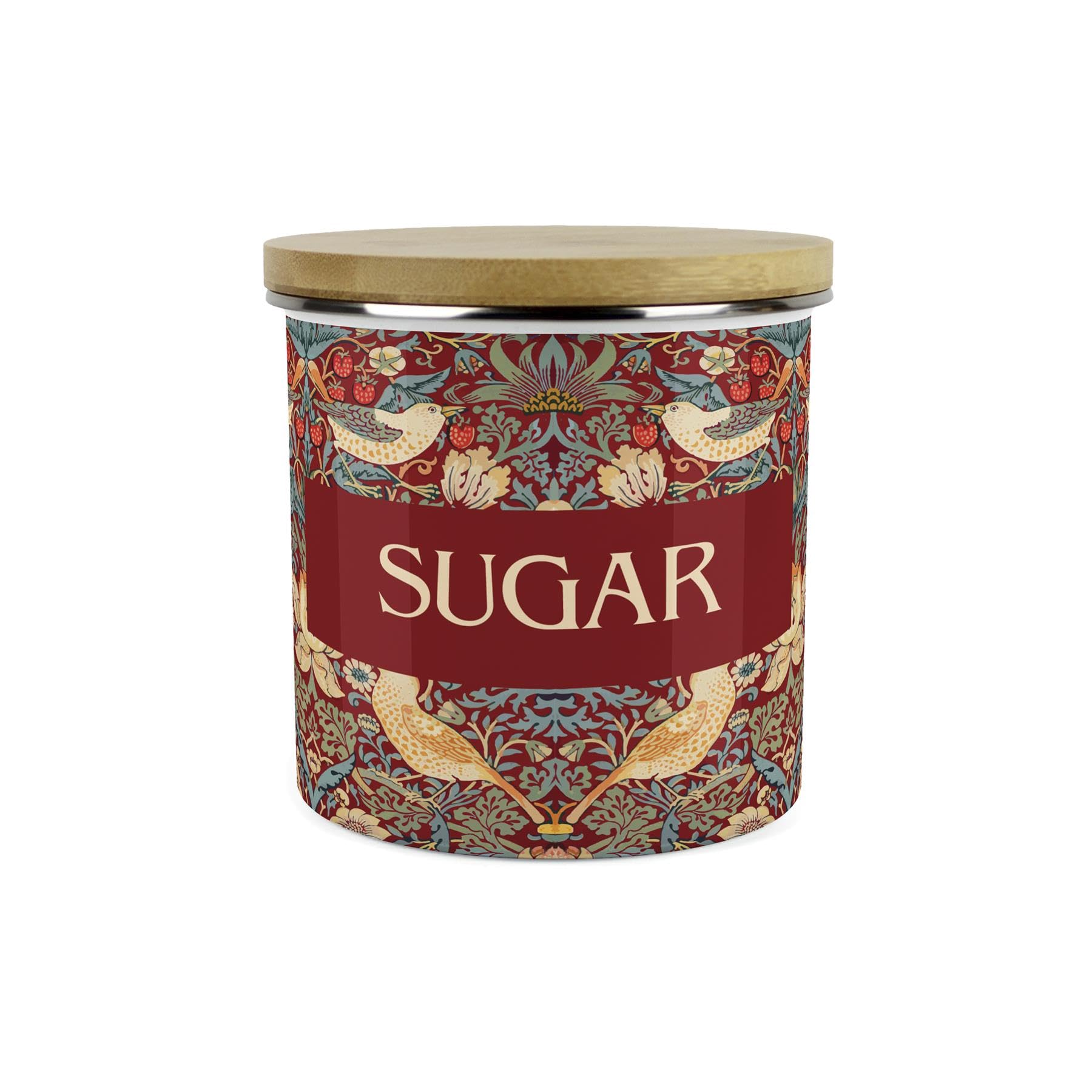 Purely Home Red Strawberry Thief Sugar Storage Canister - Morris Inspired Floral Tapestry Artwork - Large Enamel Hot Drinks Kitchen Storage Container