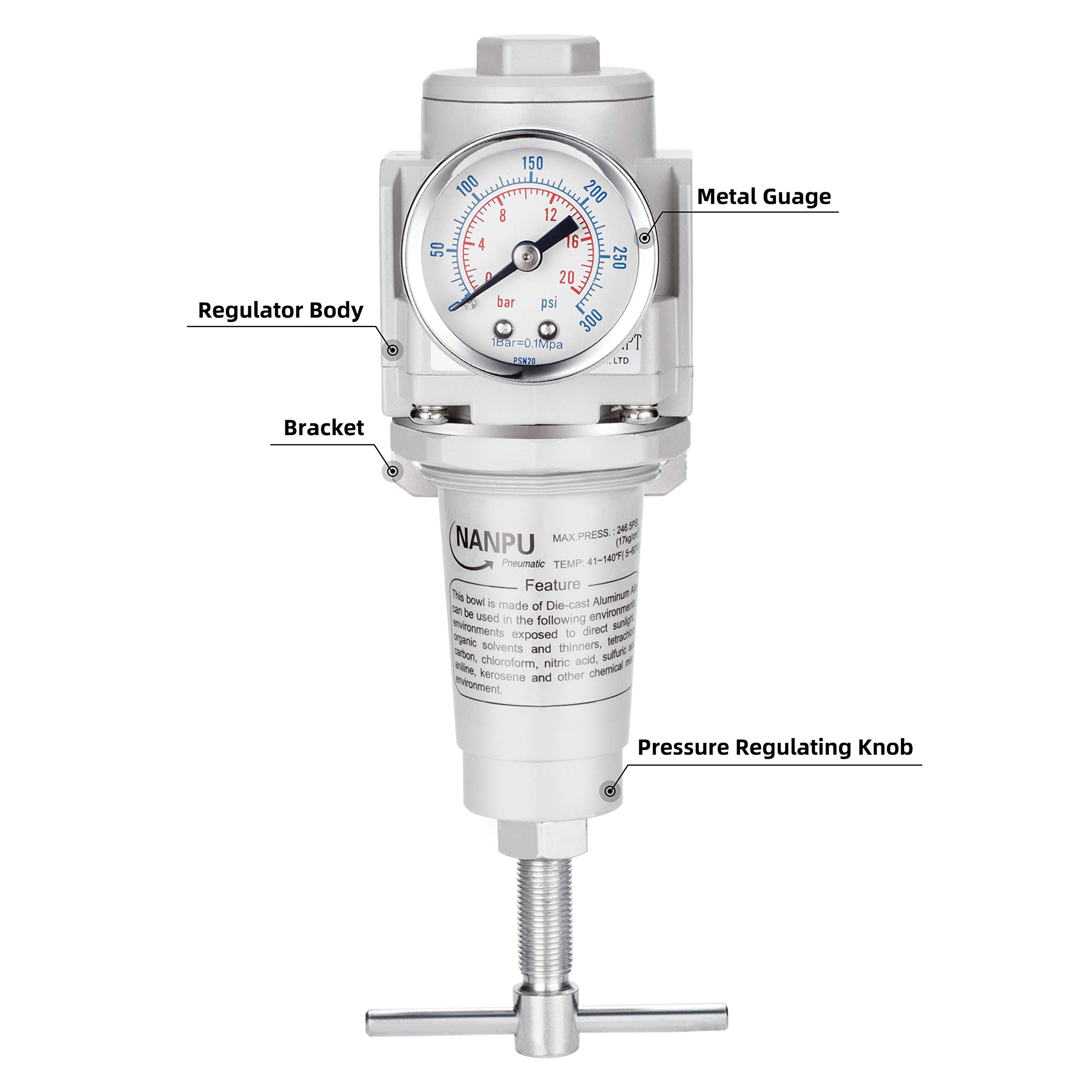NANPU 1/2" NPT High Pressure Compressed Air Regulator, T-Handle, 0-300 psi Gauge & Metal Bracket — Amazon image 4