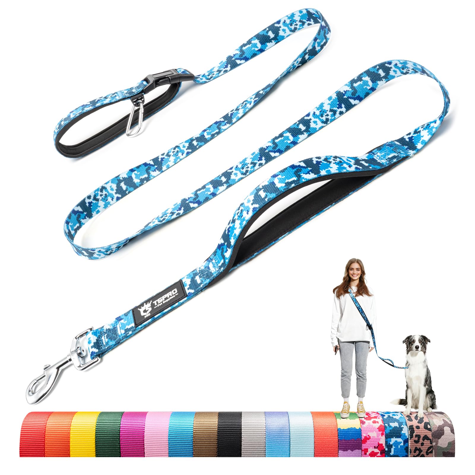 TSPRO Hands Free Dog Lead with Padded Handle & Safety Metal Buckle, Adjustable Durable Lead for Walking & Running, Medium to Large Dogs (Camo Blue 25) â image 1