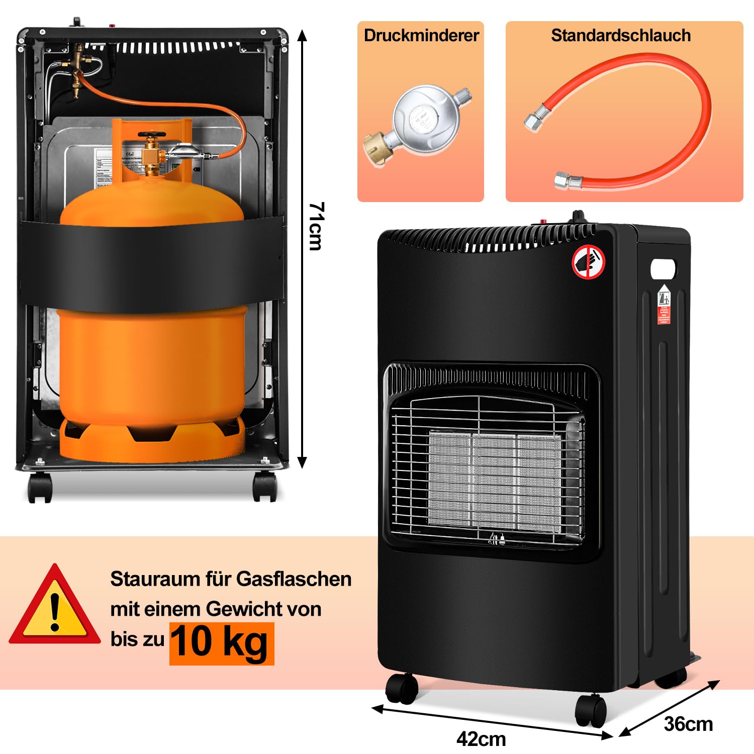 Gasheizofen, Gasheizer, 1400-4200 Watt Gasofen 3 Stufen einstellbar Gasheizgerät, Heizstrahler mit Gasdruckregler und Gasschlauch, Gasflaschen bis 10 Kg (Schwarz)