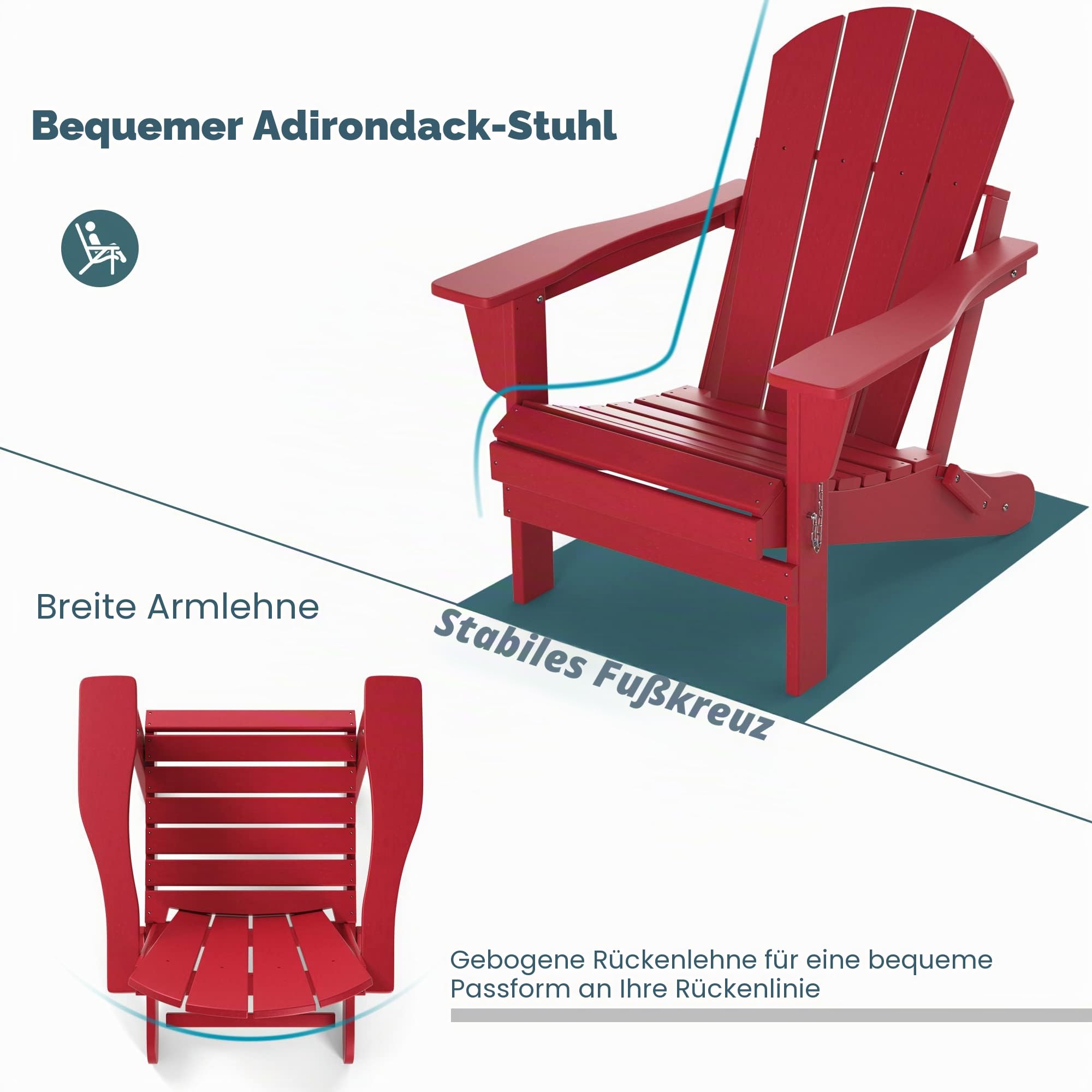 TORVA Adirondack Stuhl aus recyceltem Kunststoff, HDPE, zusammenklappbar, für den Außenbereich, Terrassenstühle, Rasenstuhl, wetterbeständig, Adirondack Stuhl, Rot