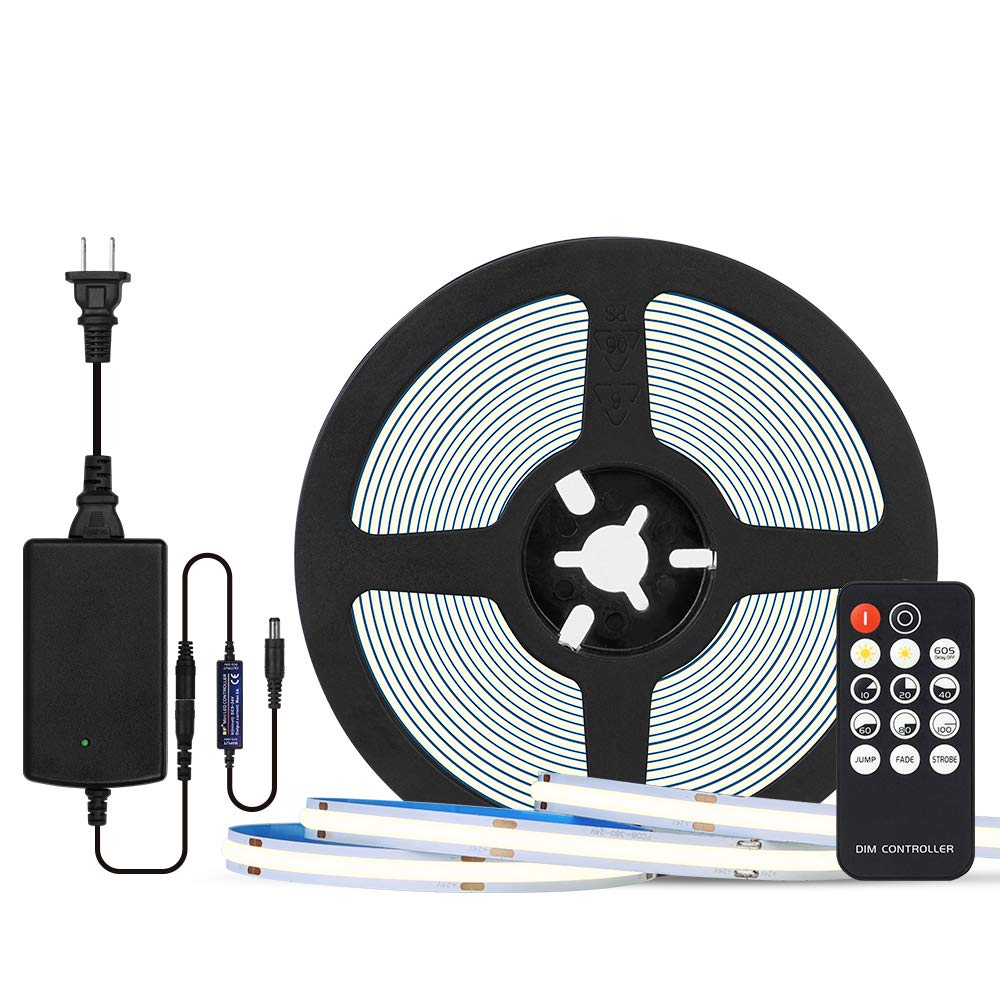 BTF-LIGHTINGFCOB 24V Kit Flexible High Density LED Lights 16.4Ft 360LEDs/m 1800LEDs RF14 keys dimmable Controller FOB COB CRI90 LED Strips For Bedroom Kitchen Home Indoor Cool White With AC Adapter