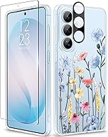 Vista 90 de GVIEWIN Funda protectora para Samsung Galaxy S25, transparente floral, delgada, a prueba de golpes, para mujer, no se pone amarilla, con protector