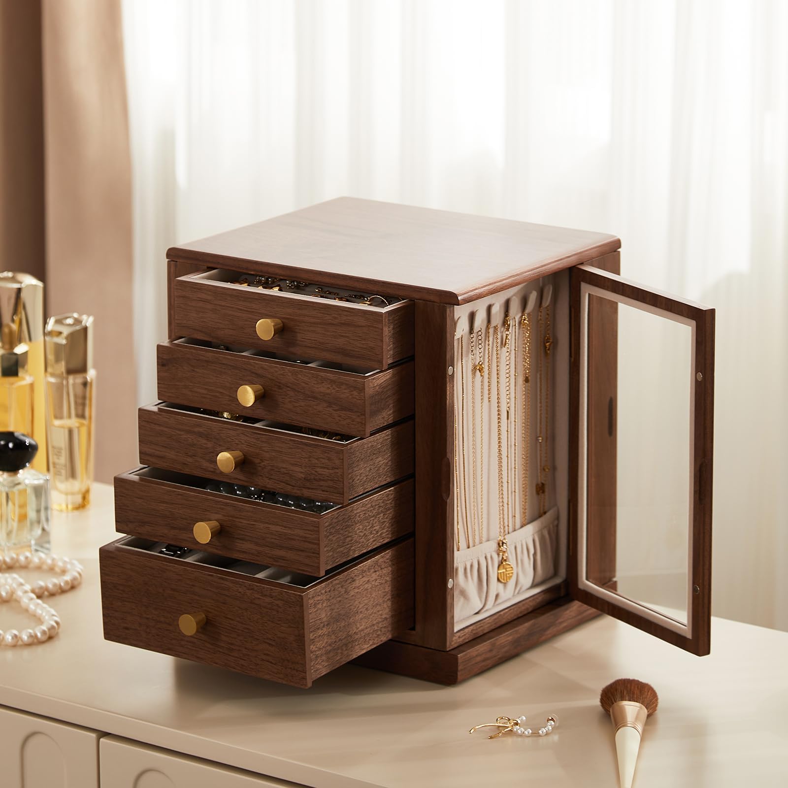 grande Joyero de nogal negro, organizador de joyas de madera giratorio 360° con cinco cajones y ventanas laterales de vidrio, Regalo para Ella