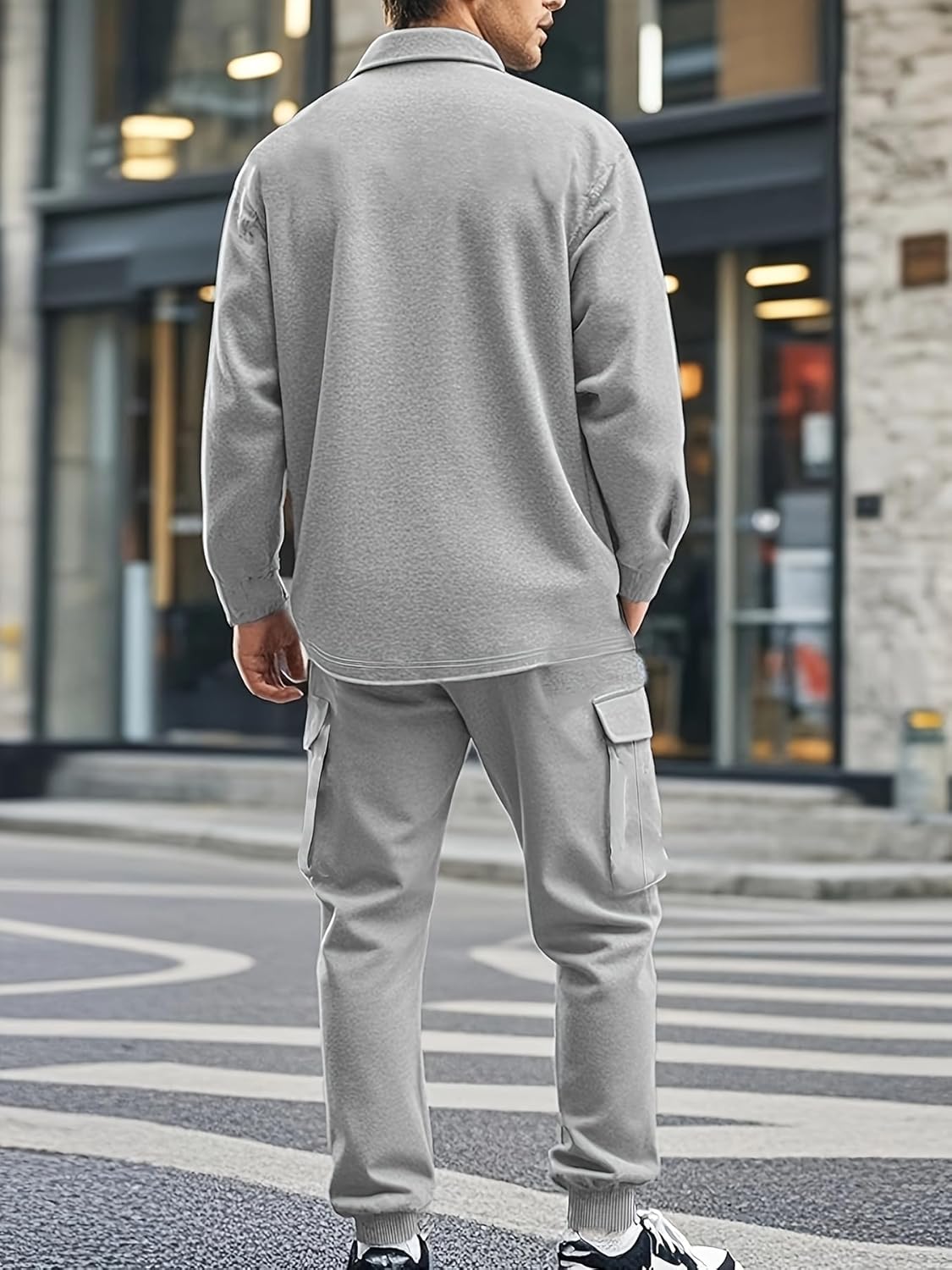 Men's Fleece Cargo Jacket Tracksuit Set 2 Pieces Solid Color Long Sleeve Button up Jacket and Cargo Pants Set - Image 3