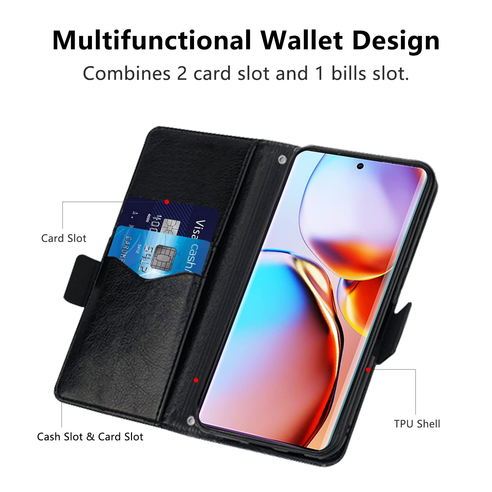 Cover per Motorola Edge 40 Pro, Custodia Flip Pelle Portafoglio, Magnetica Libro Slot Schede Moto Edge 40 Pro Cover, Silicone TPU Bumper Wallet Supporto Antiurto Case Per Motorola Edge 40 Pro Nero