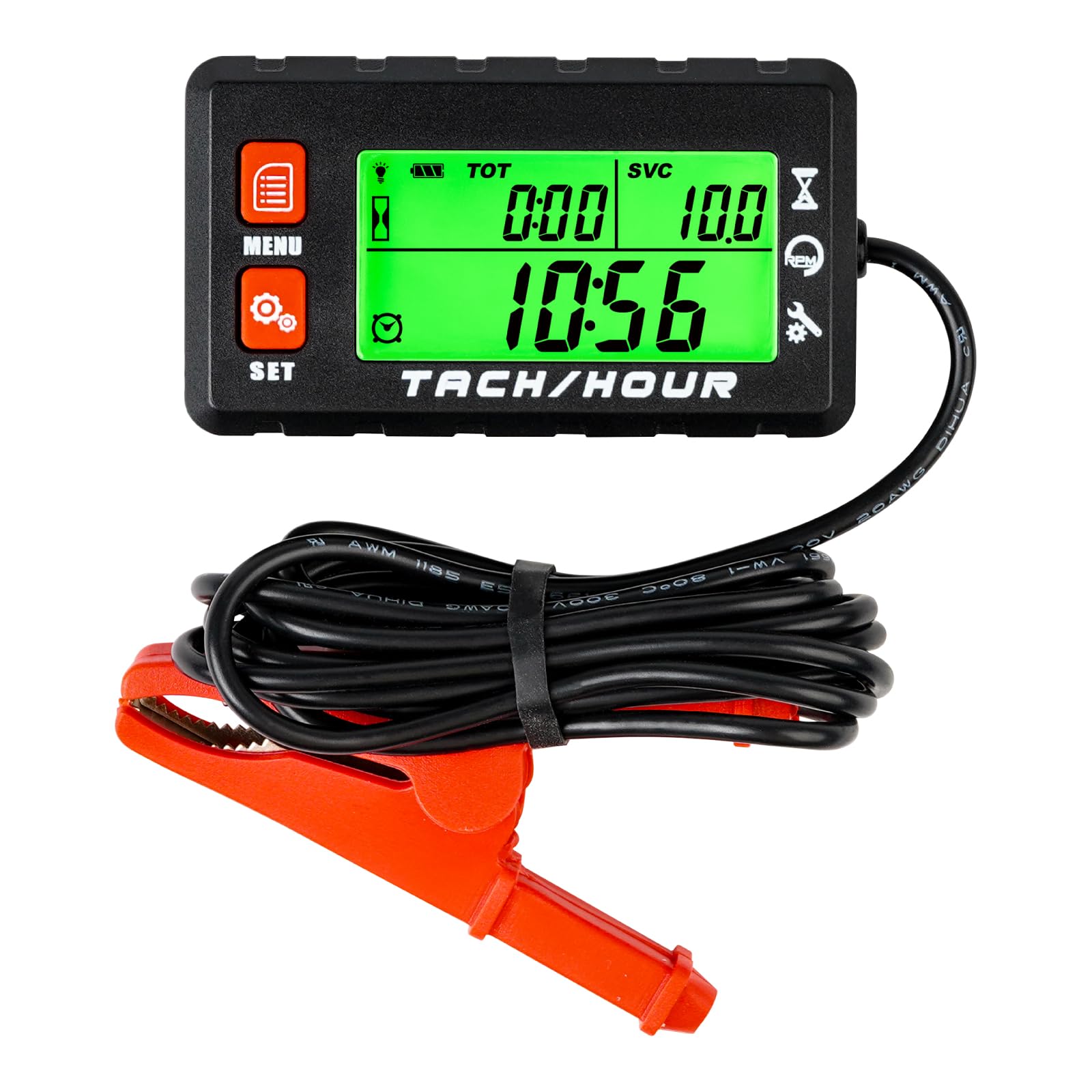"RileyFine HM058J Compteur d’heure numérique Tachymètre, noir, 75 * 20 * 43 (millimetro) Tachymètre RPM, chronométrage TOT, rappel SVC et SVC2, utilisation pour tondeuse à gazon, tracteur, moto, VTT