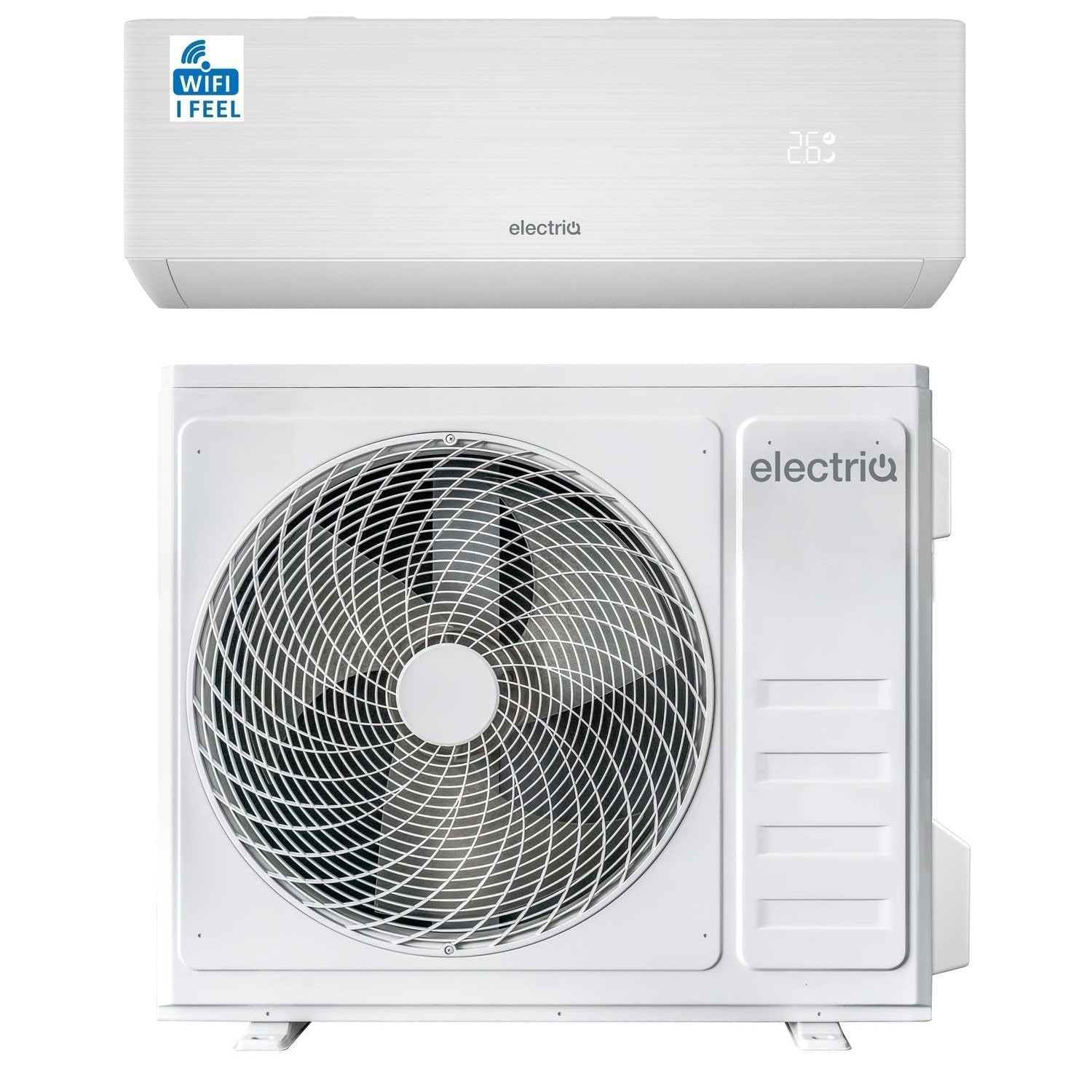 Electriq White Iqool 28,000 Btu A++ Smart Wall Split Air Conditioner With Heat Pump, Wi‑Fi/Voice, 3‑In‑1 Cool–Heat–Dehumidify, “I feel” Sensor, Titanium Gold Fin, Includes 5 M Pipe Kit