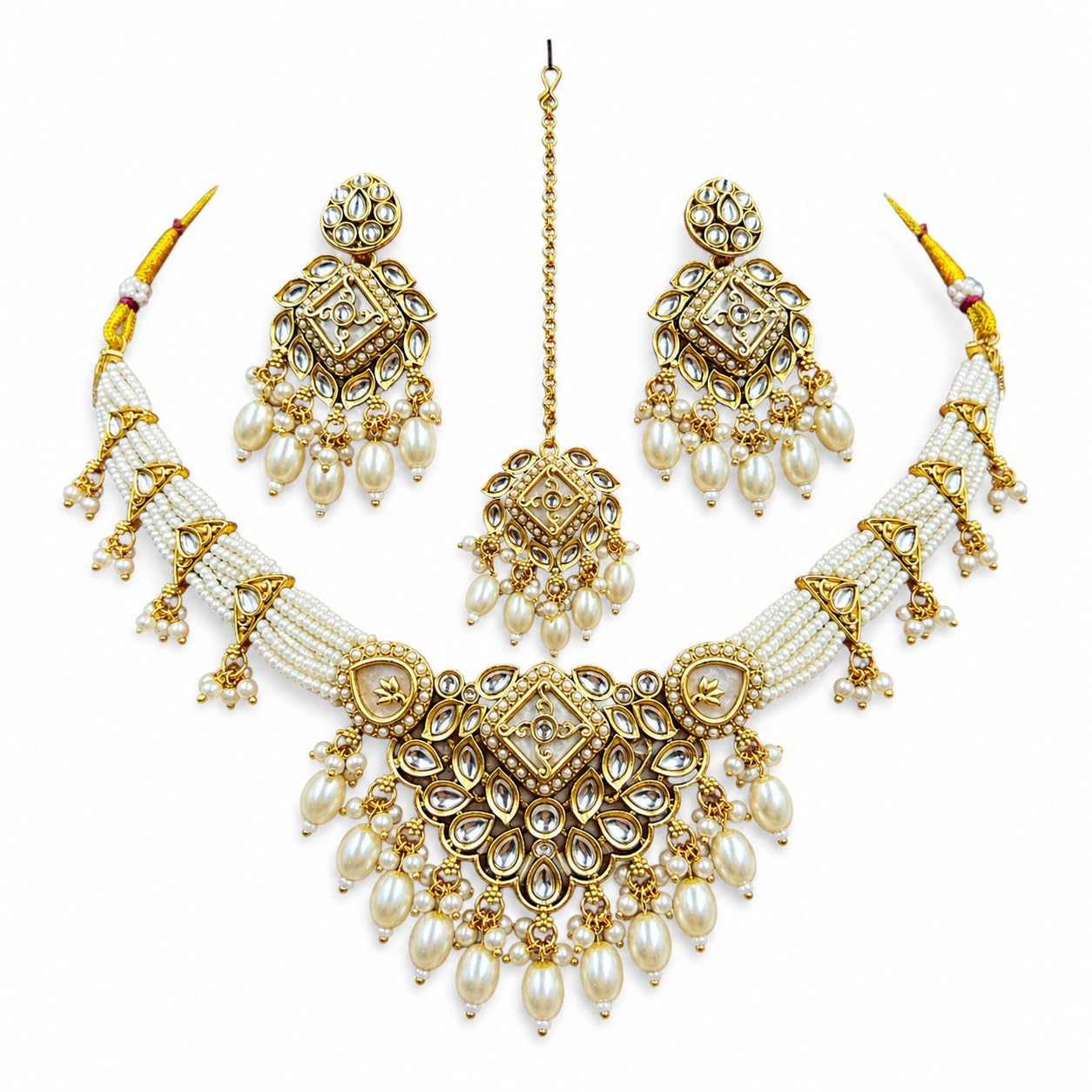Gold Matte Plated Kundan Pearl Choker Necklace Set with Maangtika, Traditional Wedding Jewellery, White-picture-15
