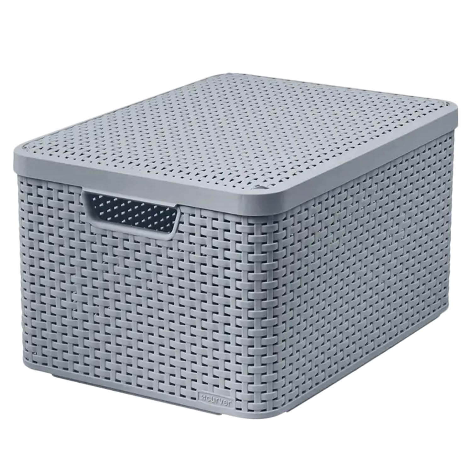 Curver Caja de almacenamiento de ratán con tapa, cesta de almacenamiento, plástico, hecha de material reciclado en al menos un 70% (gris claro, L: 44,5 x 33 x 24,8 cm)