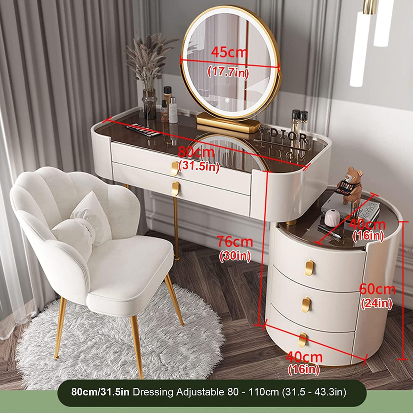 Podświetlany zestaw biurkowy do makijażu z lustrem dotykowym biała toaletka z szufladami i szafką boczną z litego drewna 80 cm / 31,5 cala duży szklany blat idealny do sypialni i salonu piękności