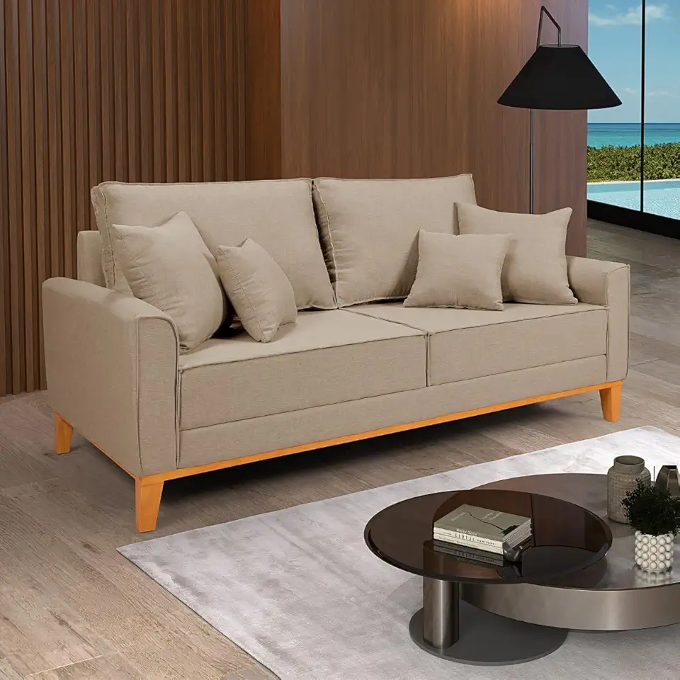 Sofá Living Beny 3 Lugares Linho Bege Fixo Sala Base Madeira