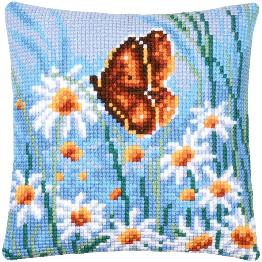 VERVACO Zestaw do Haftu Krzyżykowego Poduszka MOTYLE I KWIATY Kanwa z Nadrukiem 40 x 40 cm Gruba Włóczka Akrylowa Zrób to Sam Dekoracja Domu DIY Cross Stitch Kit