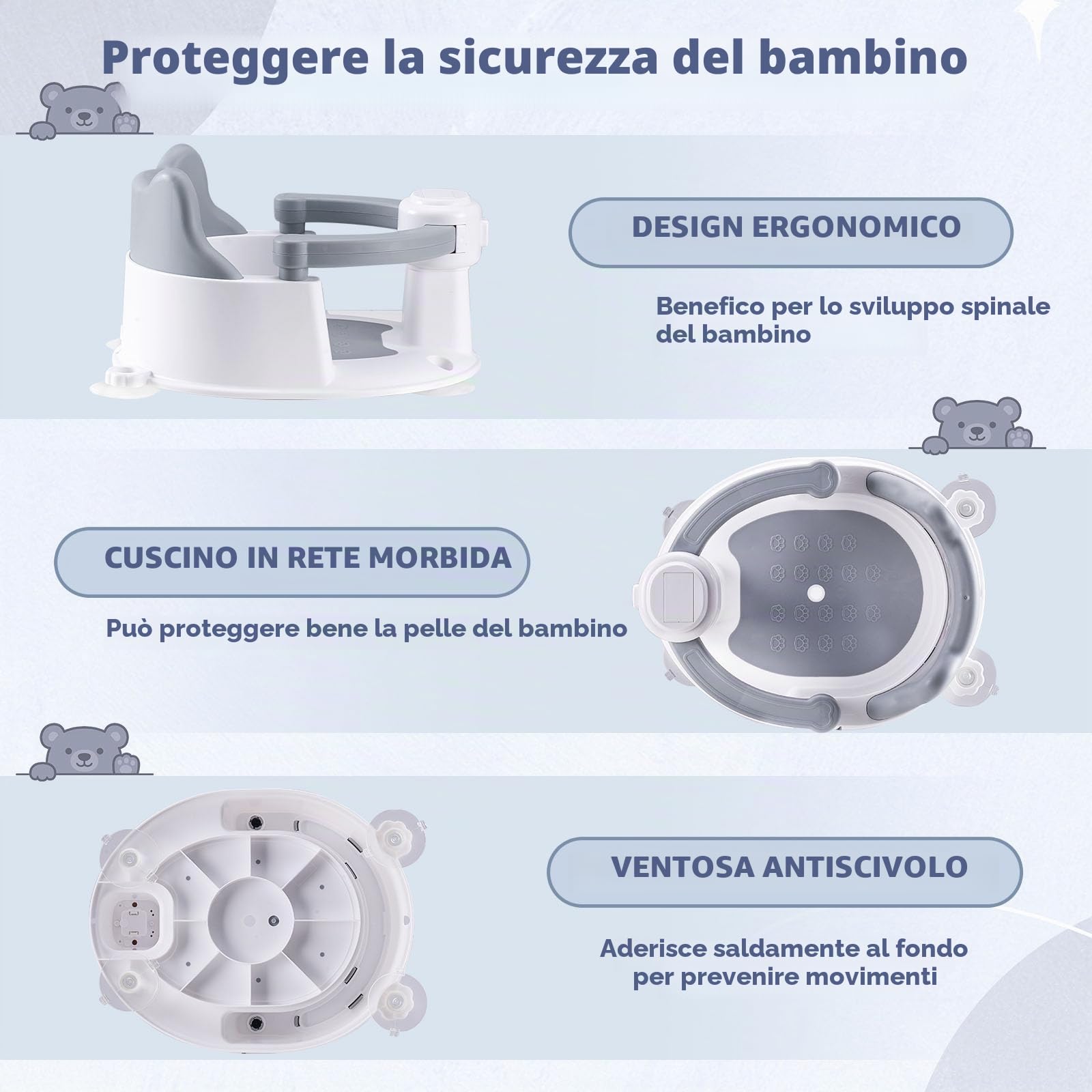 Seggiolini Per Bagnetto, Seggiolino Doccia Neonato, Seggiolino per Vasca da Bagno per Bambini a Partire da 6 Mesi, con 4 Potenti Ventose, per Doccia o Vasca