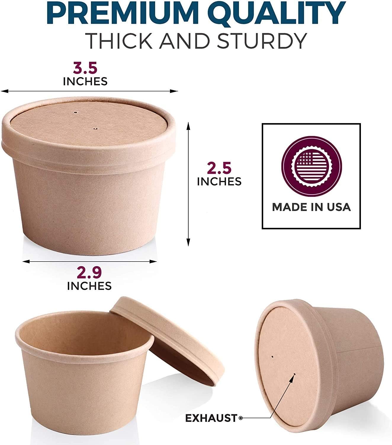 [50 Pack] 8 oz Kraft Compostable Paper Food Cup with Vented Lid - Brown Rolled Rim Storage Bucket, Hot or Cold Dish To Go Packaging, Ramen Soup Stews Salad Frozen Dessert Yogurt Ice Cream Container: Home & Kitchen