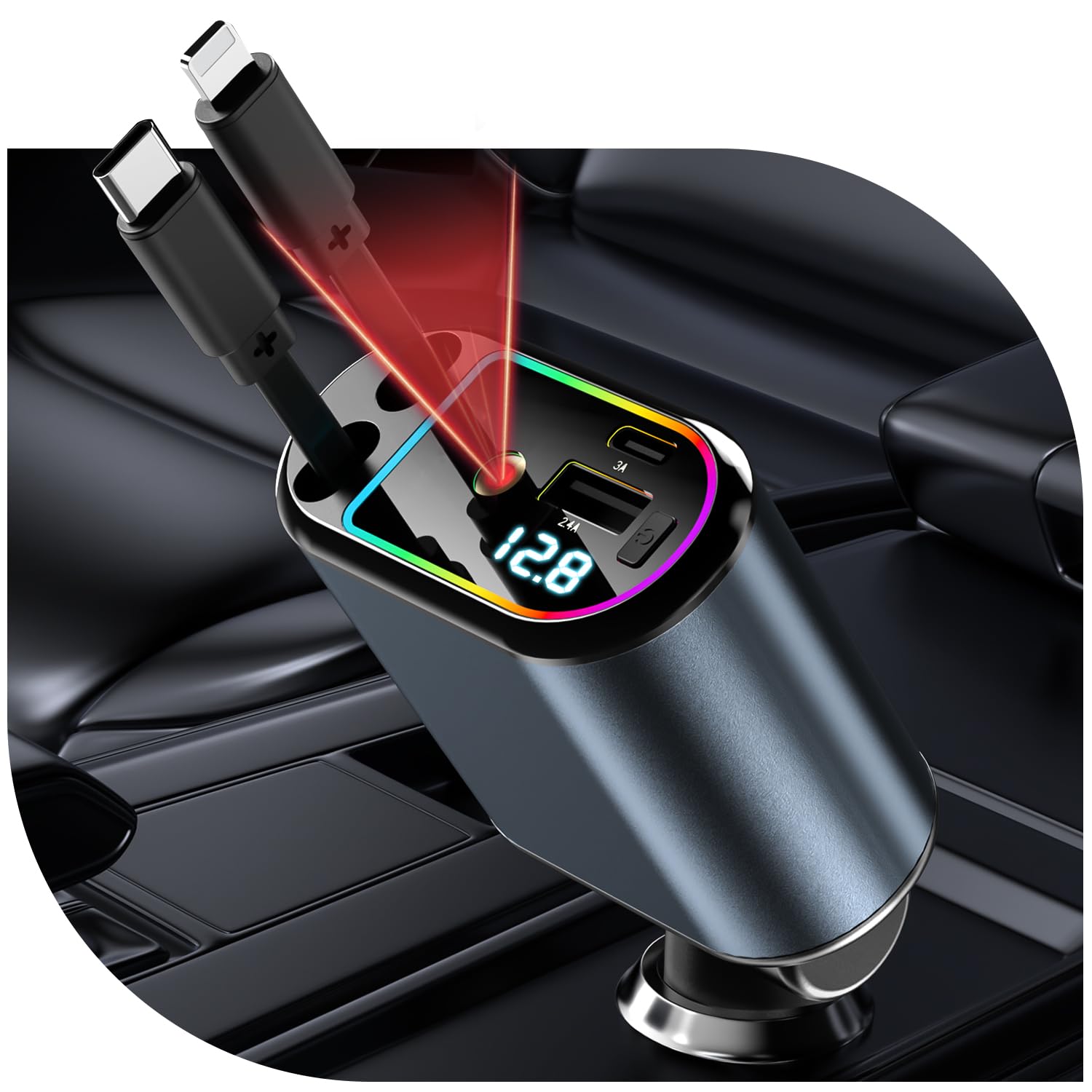 車充電器巻き取り式充電ケーブル【RGBで彩る星空天井】4台同時充電可能usbcタイプLED表示電圧Type-C120W/Lightning25W急速充電i-Phone16/15/14/13/12GalaxyS22/S21  Amazon.co.jp: 【2025新版 巻き取り式】4台同時充電 107W 車載充電器 シガーソケット USB 巻き取り式 ...