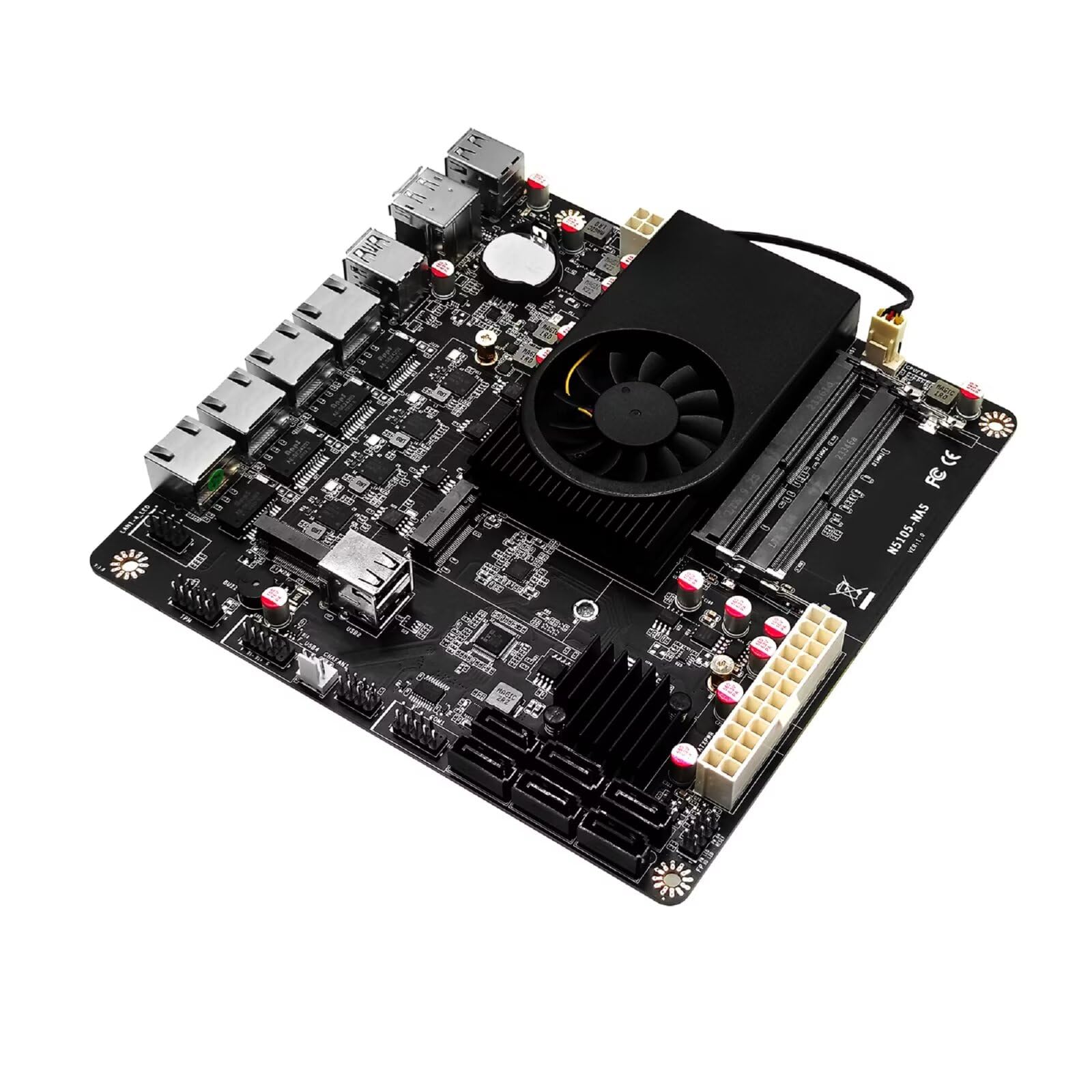 N6005 NAS Motherboard 6 Bay, 4 x i226V 2.5GbE LAN Mini PC ITX Mainboard, Barebone No RAM No SSD, 2 x DDR4, 2 x NVMe Slot, HD + DP 4K Dual Display, DC 19V
