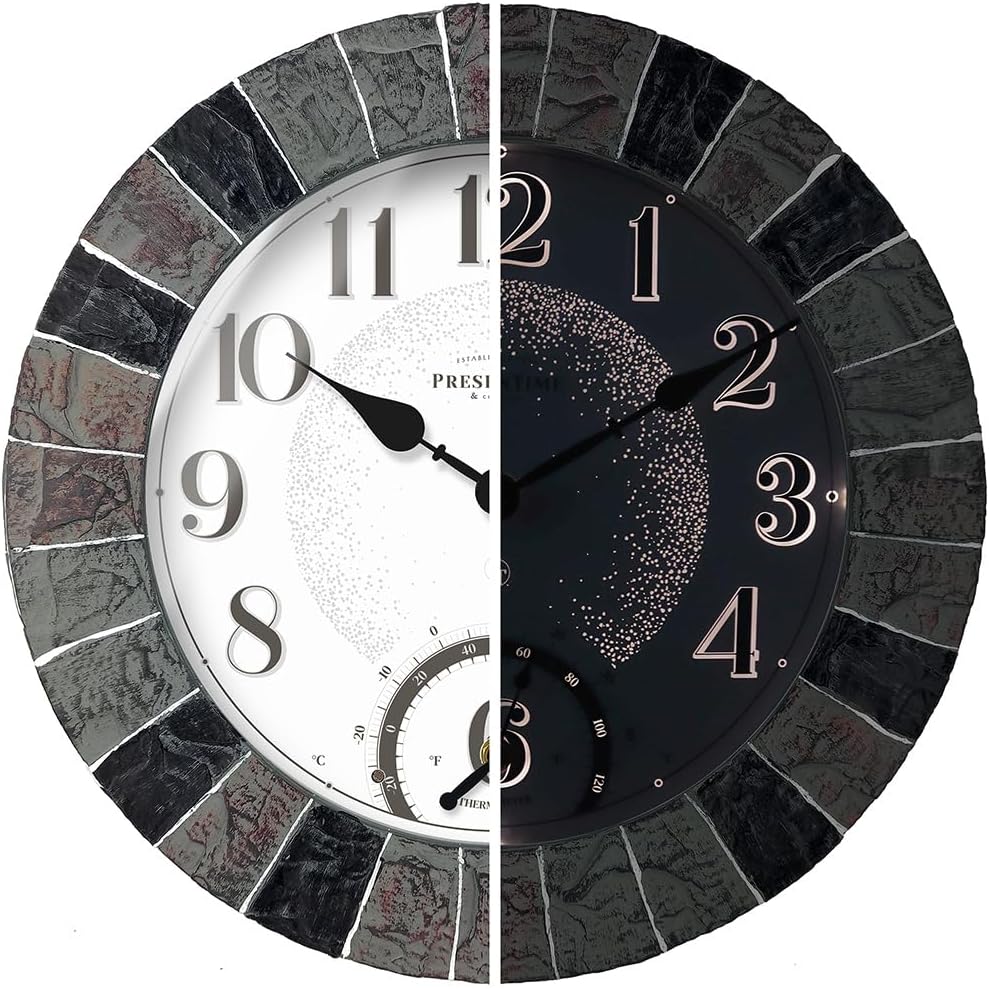 Presentime & Co 14" Illuminated in/Outdoor Clock with Smart Sensor and Night Light, Waterproof, Large Wall Clock with Thermometer & Hygrometer, for Garden and Patio - Coastal Sandstone Finish.