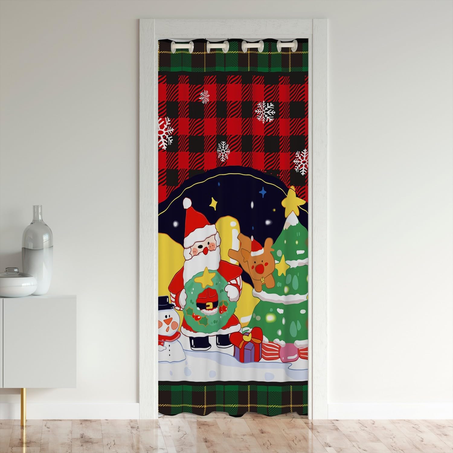 Homemissing Merry Christmas Door Curtain for Doorway Privacy Christmas Kawaii Santa Claus Blackout Curtain Decor Geometric Closet Door Cover Curtain for Bedroom Green Red Window Treatment 106x203cm