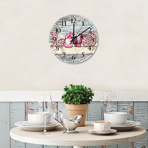 Miniatura 10 de Reloj de madera con diseño de gnomo de leopardo y búfalo a cuadros y lunares de 10 pulgadas para el día de San Valentín gnomo de amor para