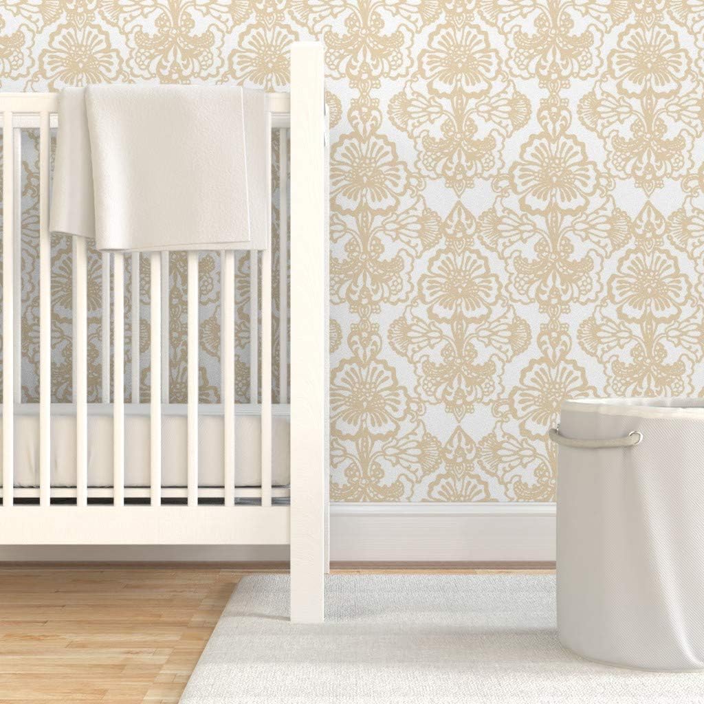 Peel & Stick Wallpaper 3ft x 2ft - Floral Damask Sweet Lace White Beige Tan Custom Removable Wallpaper by Spoonflower