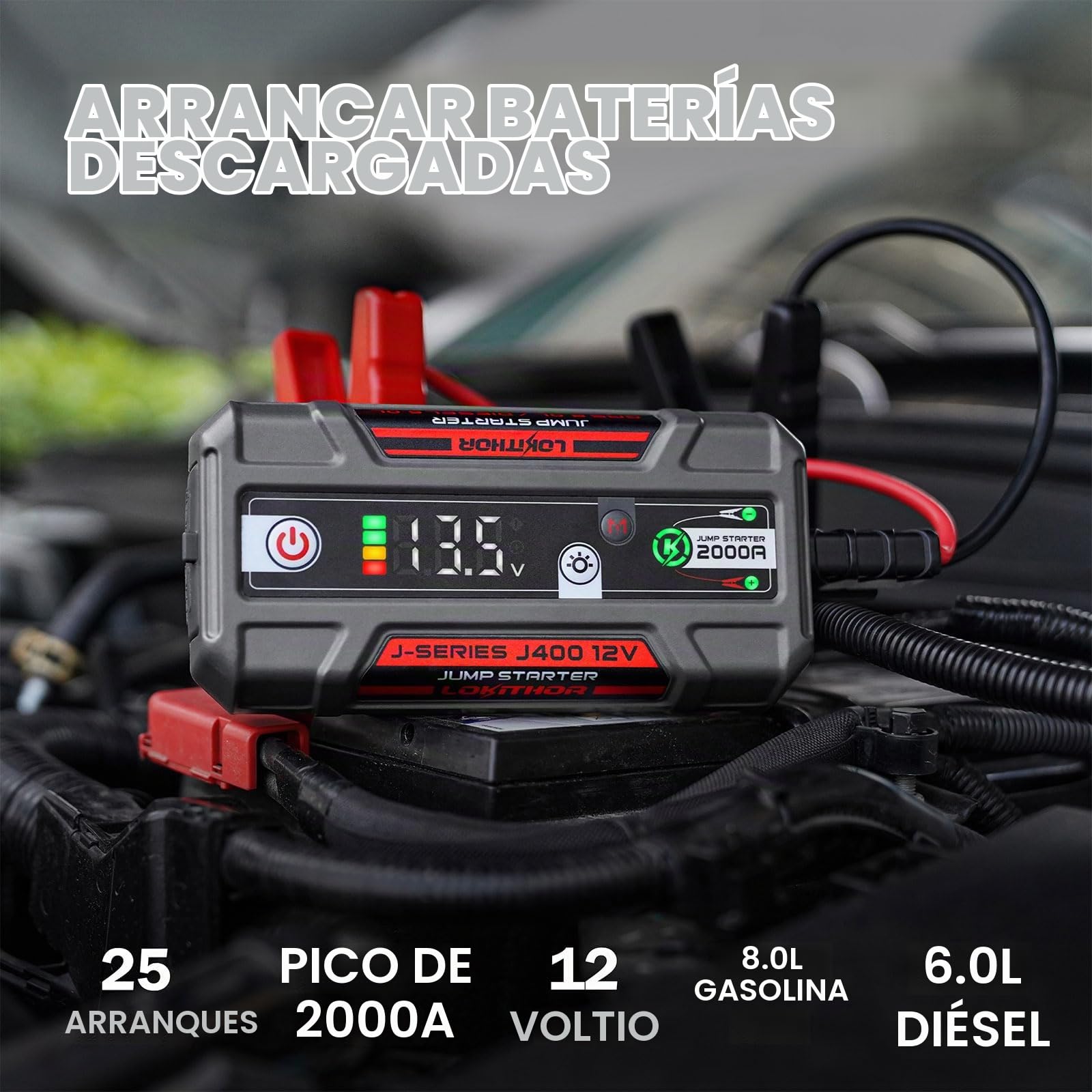 LOKITHOR J400 Arrancador Coche 2000A Portátil con Pantalla Digital | Pantalla Digital Inteligente y Protección Múltiple, para Motores de Gasolina 8,0L y Diésel 6,0L