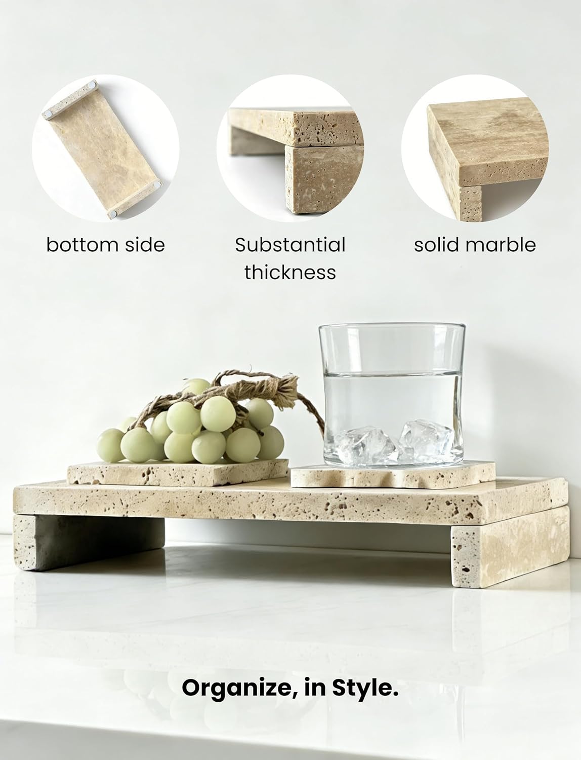 Travertine Tray with Pedestal Stand, Marble Tray for Kitchen Counter, Marble Serving Board & Footed Riser for Bathroom, Charcuterie, Cheese, Fruit Stone Display (Beige Travertine Midium)