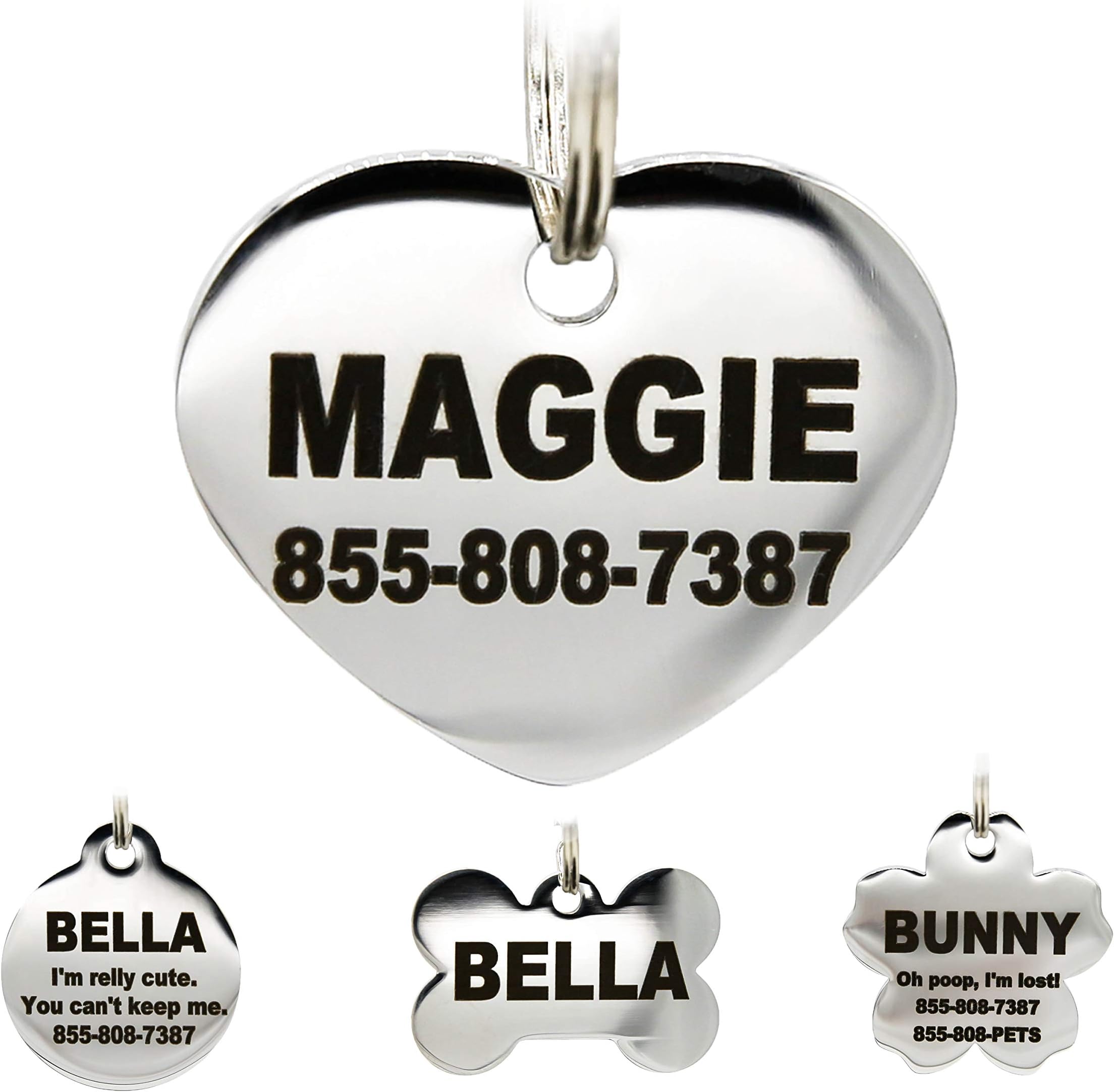 Stainless Steel Pet ID Tags - Engraved Personalized Dog Tags, Cat Tags Front & Back up to 8 Lines of Text – Bone, Round, Heart, Flower, Badge, House, Star, Rectangle, Bow Tie