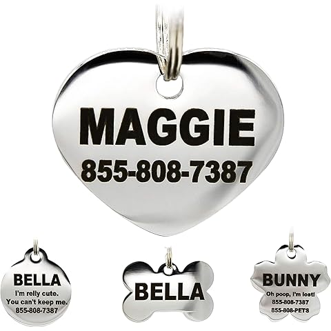 Stainless Steel Pet ID Tags - Engraved Personalized Dog Tags, Cat Tags Front & Back up to 8 Lines of Text – Bone, Round, Heart, Flower, Badge, House, Star, Rectangle, Bow Tie