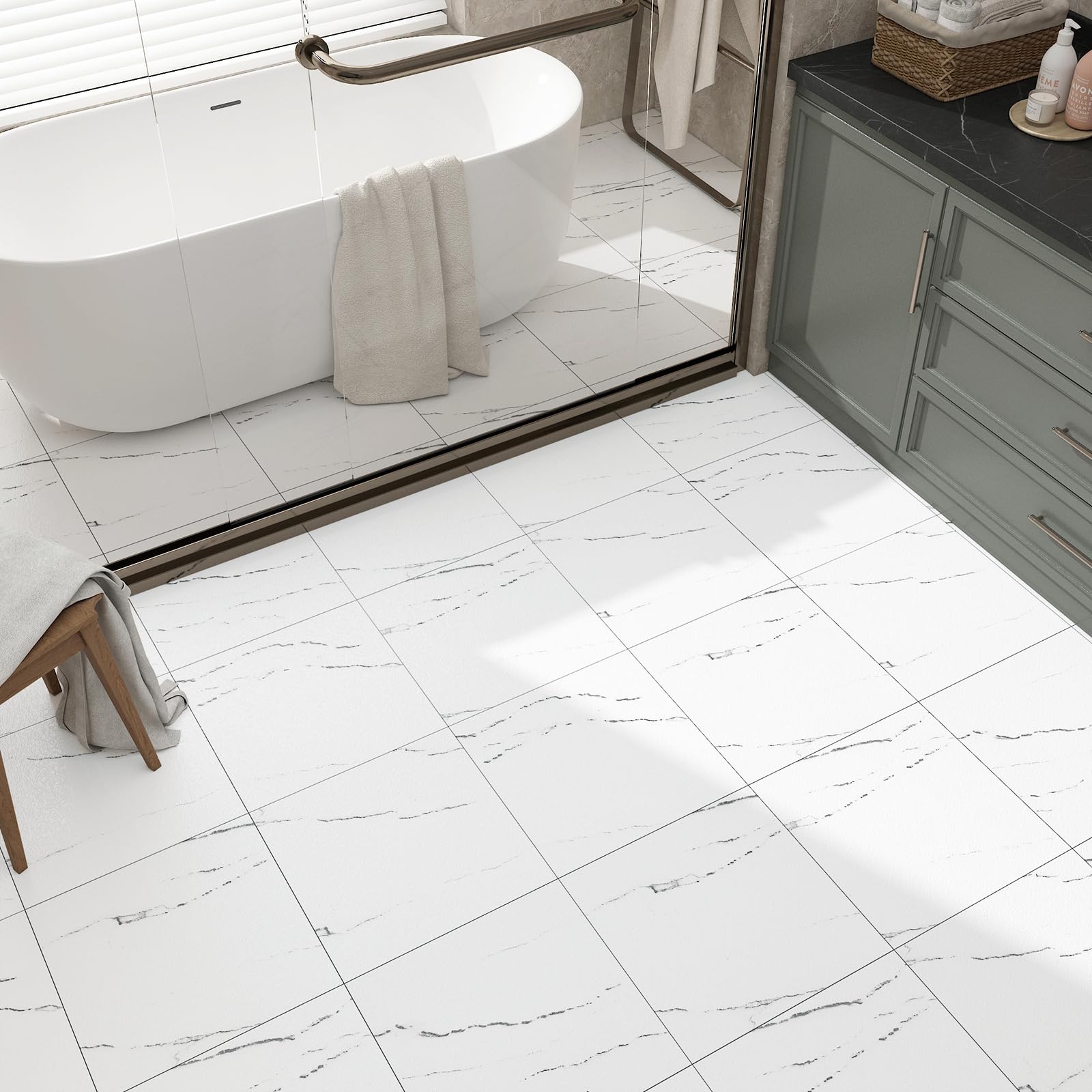 FunStick 30x30CM 30 Losetas Vinilicas Adhesivas Suelo Vinilo Autoadhesivo Marmol Blanco Baldosas Autoadhesivas de PVC Cocina Comedor Impermeable Suelo Vinilico Blanco Azulejos Suelo Adhesivos Baño