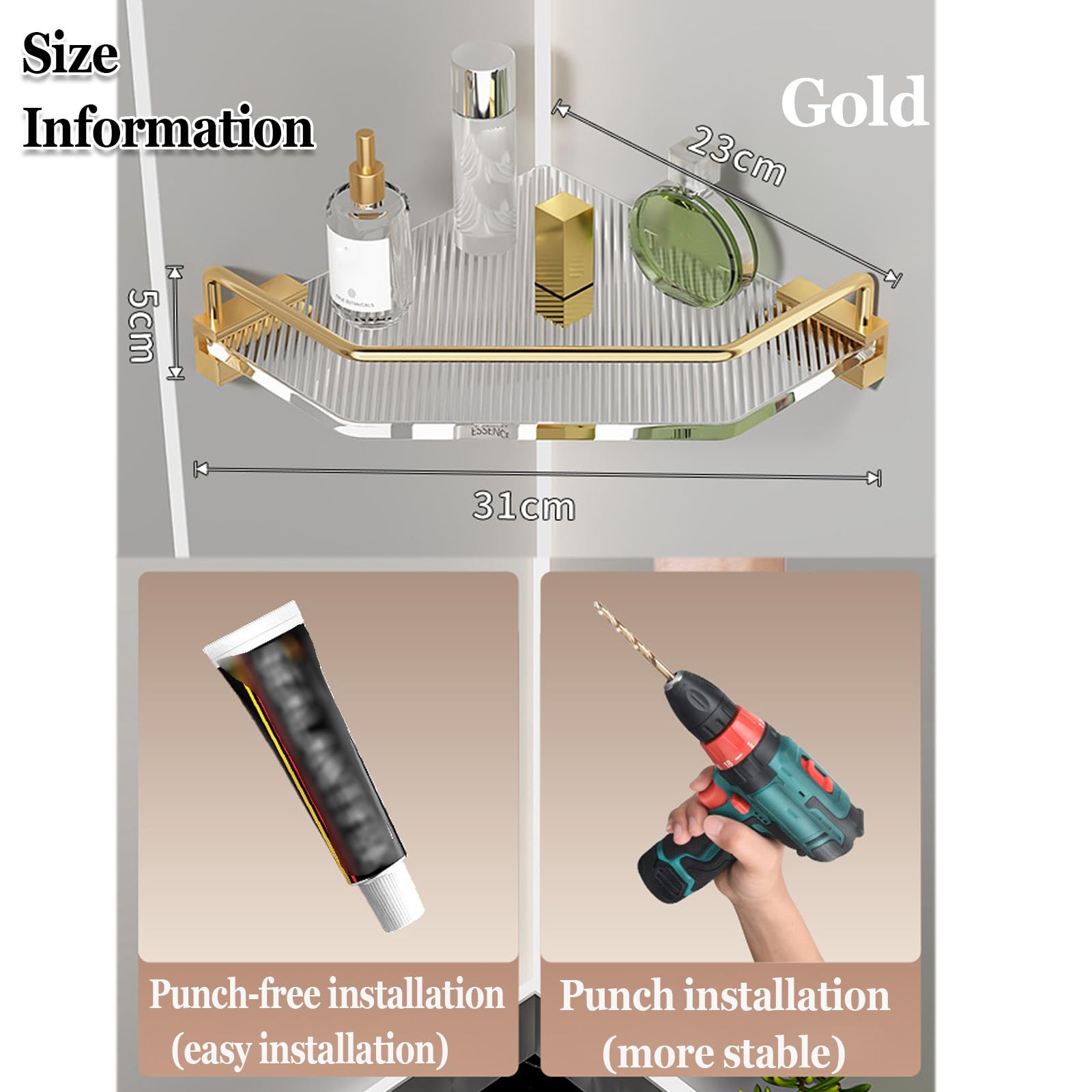 Mensola doccia angolare impermeabile, senza fori, in acrilico, antiruggine, per shampoo e accessori, finitura dorata, ideale per bagno e cucina (1 strato)