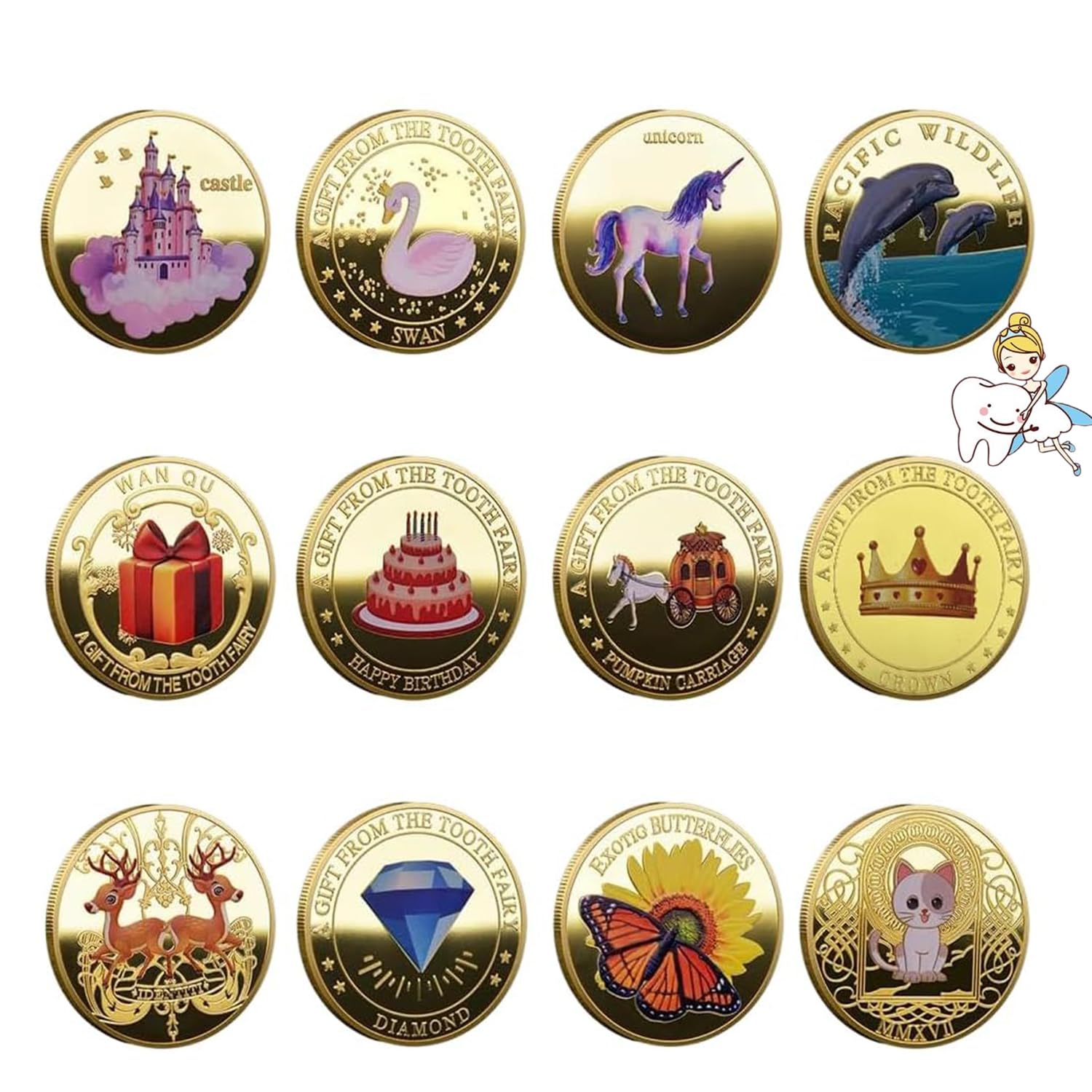 12 Piezas Monedas De Hadas De Dientes, Pérez Con Diferentes Estampados Moneda De Hada De Los Dientes, Tooth Fairy Coin, Hada De Los Dientes Monedas, Regalos Para Diente Perdido